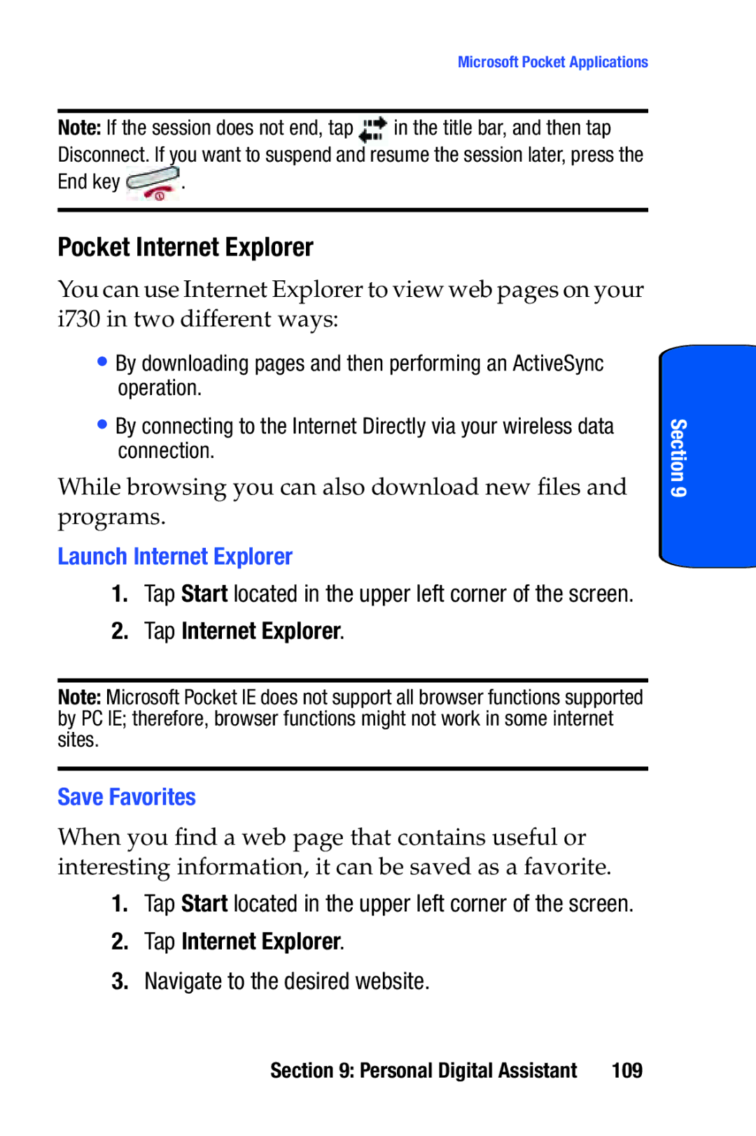 Samsung SCH-i730 manual Pocket Internet Explorer, Launch Internet Explorer, Tap Internet Explorer, Save Favorites 