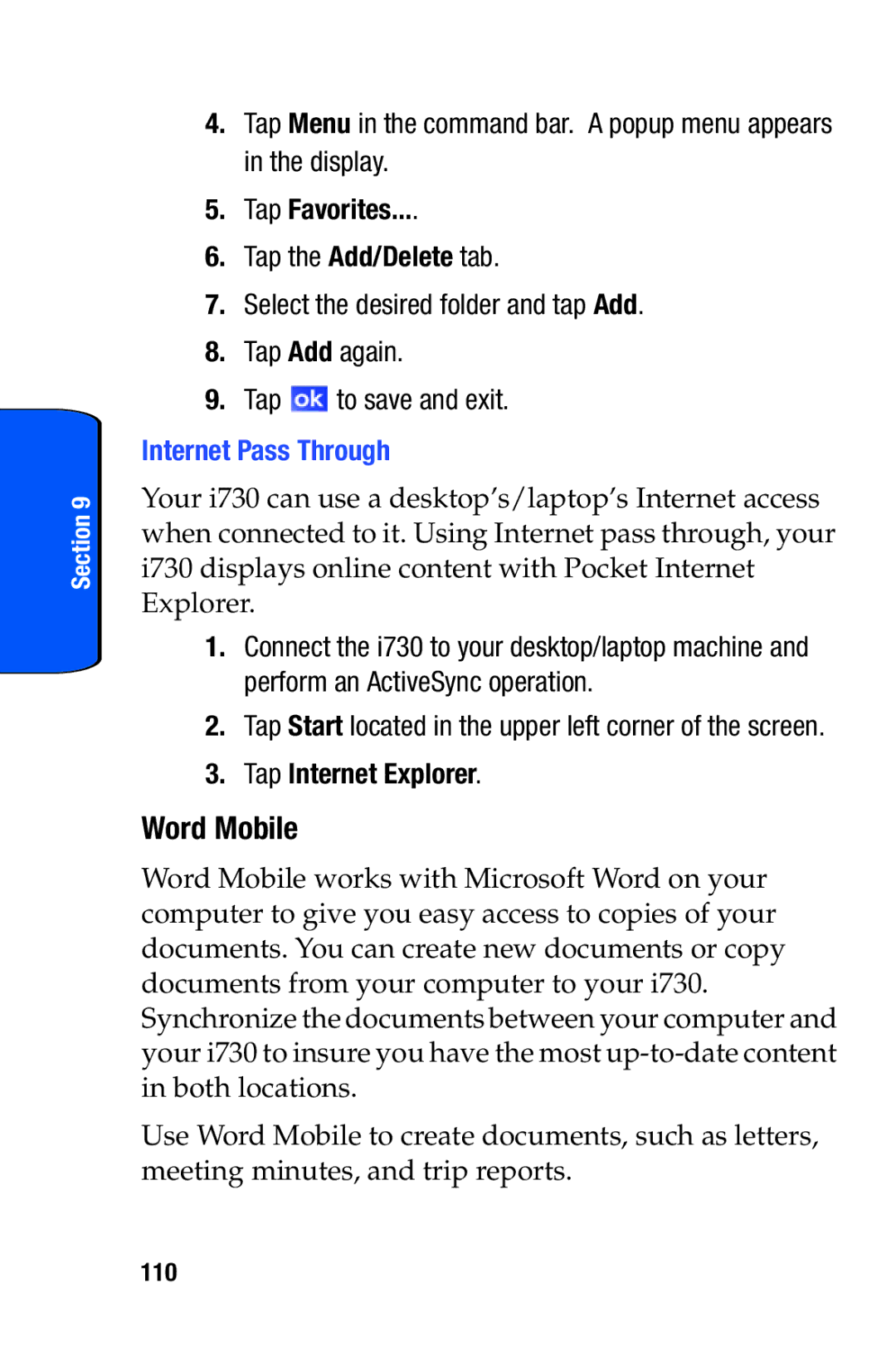 Samsung SCH-i730 manual Word Mobile, Tap Favorites, Internet Pass Through, 110 