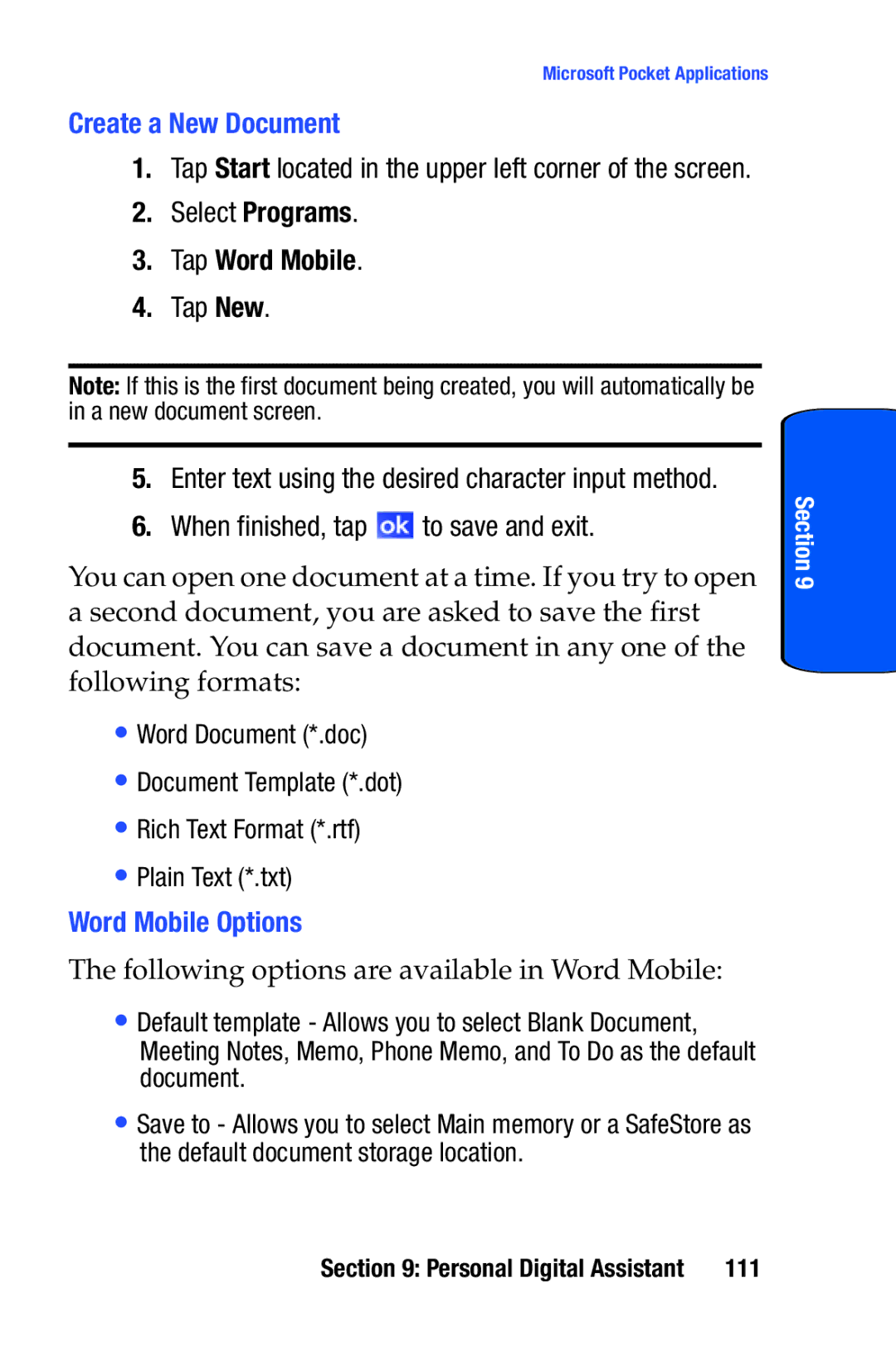 Samsung SCH-i730 Create a New Document, Tap Word Mobile, When finished, tap to save and exit, Word Mobile Options, 111 