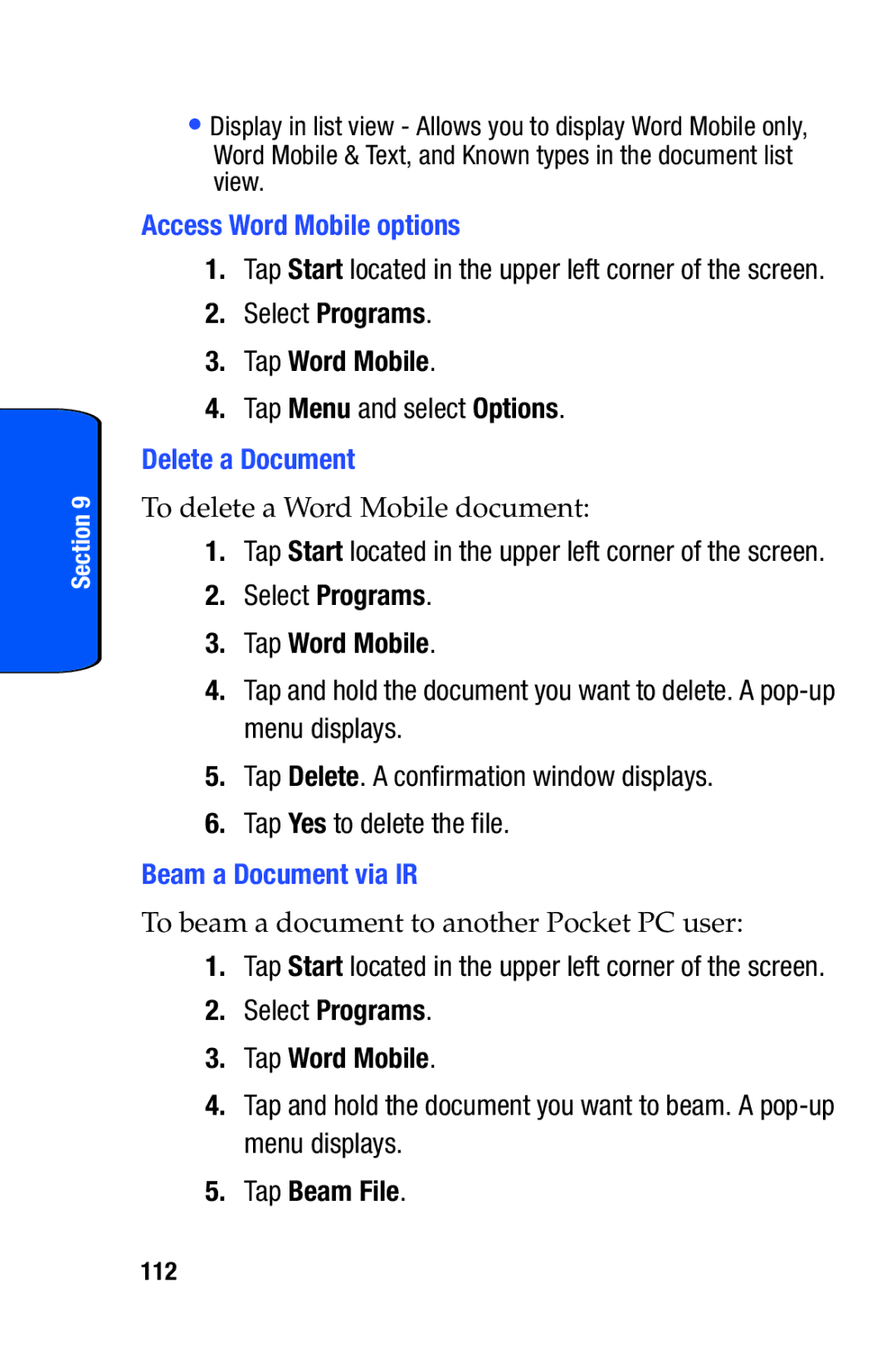 Samsung SCH-i730 manual Access Word Mobile options, Tap Menu and select Options, Delete a Document, Beam a Document via IR 