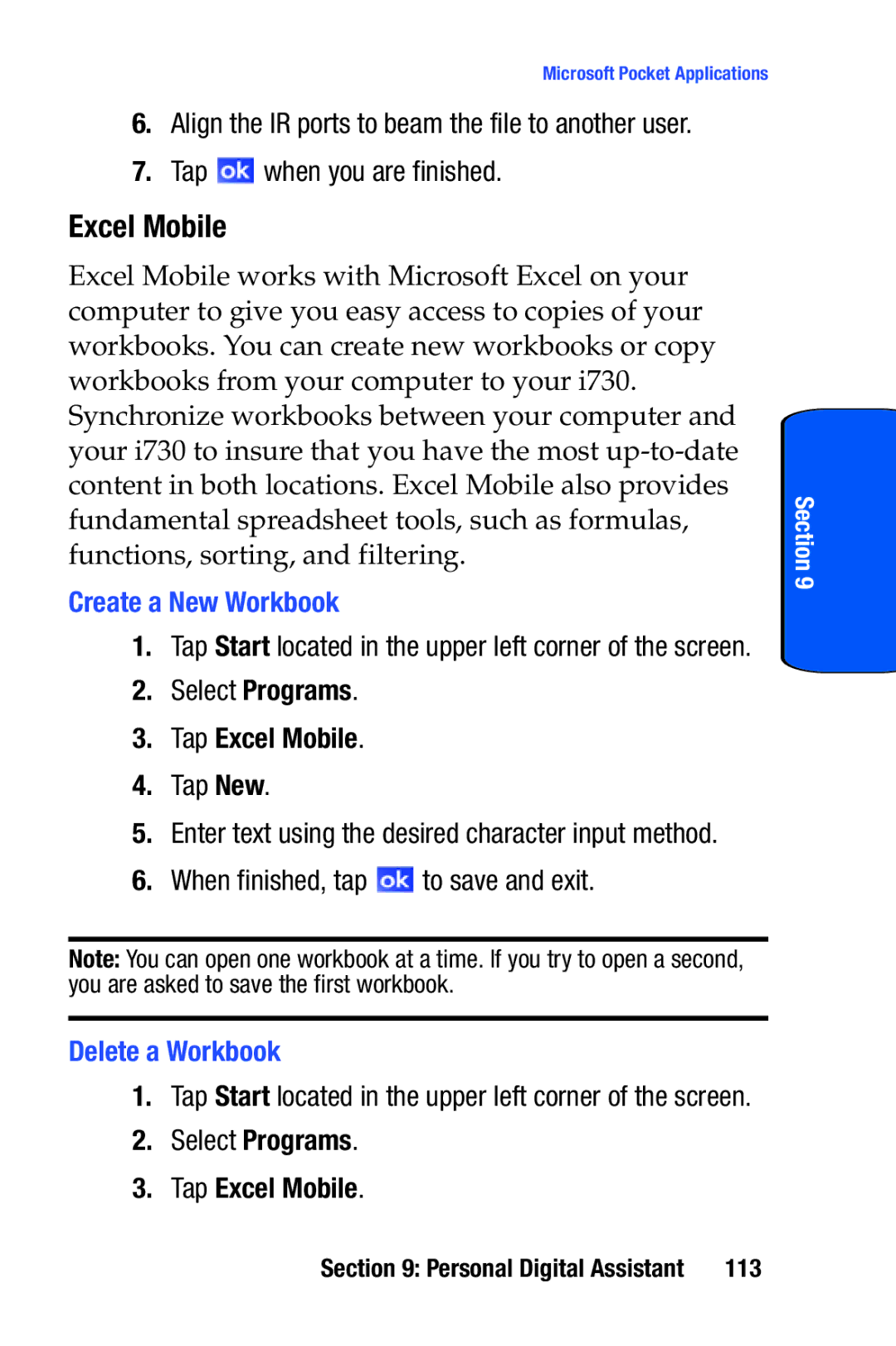 Samsung SCH-i730 manual Tap when you are finished, Create a New Workbook, Tap Excel Mobile, Delete a Workbook 