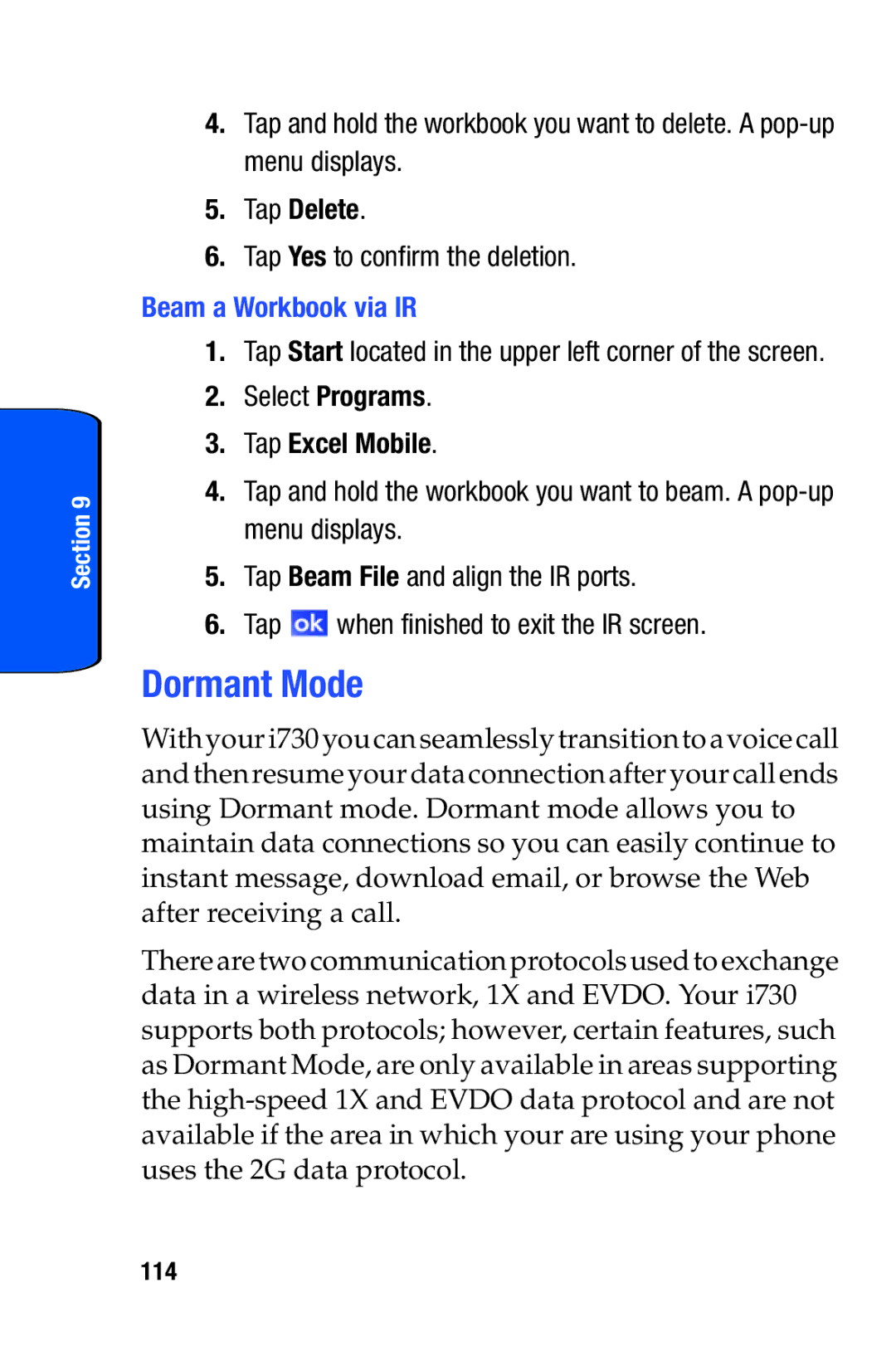 Samsung SCH-i730 manual Dormant Mode, Tap Delete, Beam a Workbook via IR, 114 