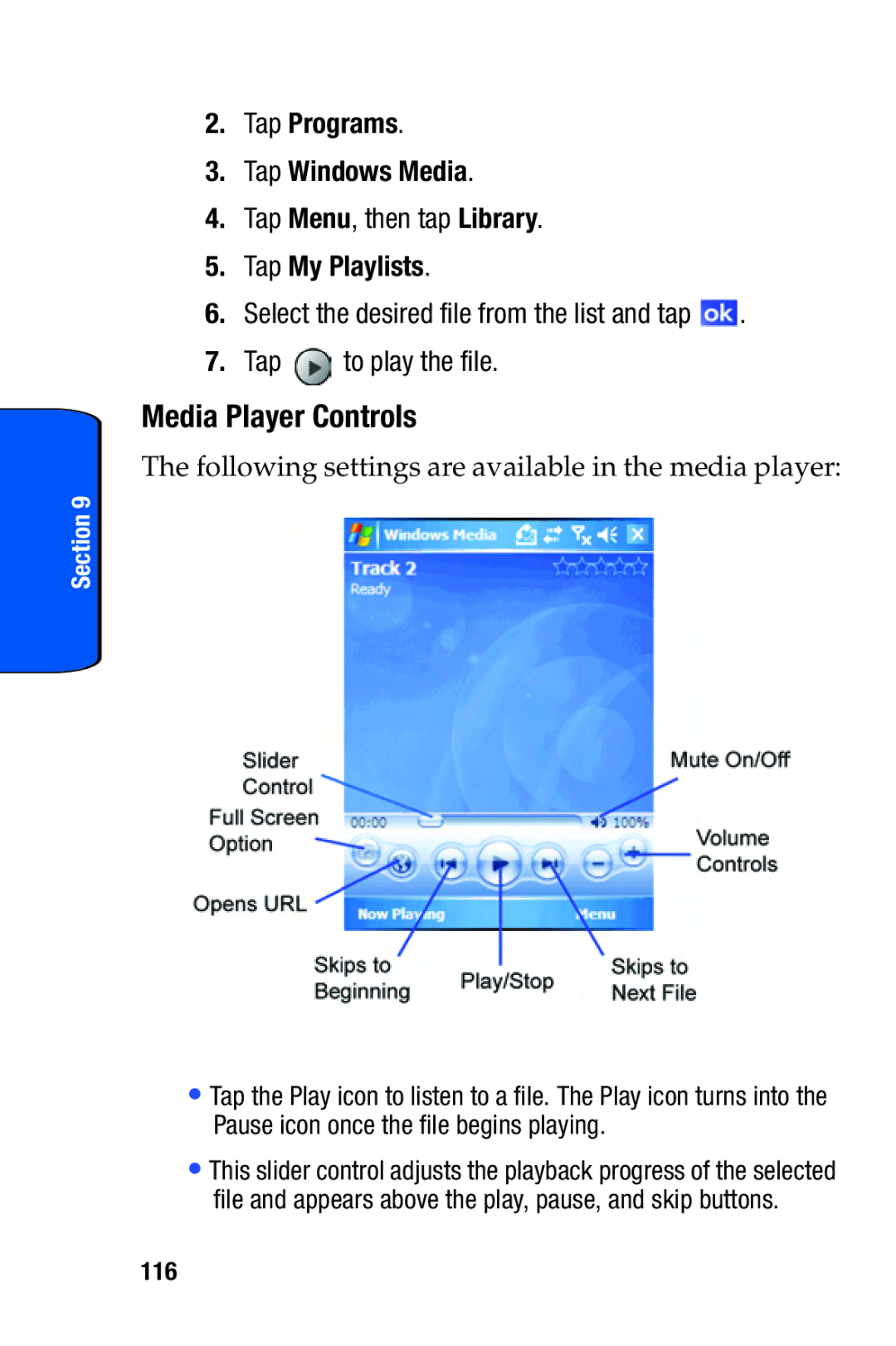 Samsung SCH-i730 Media Player Controls, Tap Programs Tap Windows Media, Tap Menu, then tap Library, Tap My Playlists, 116 