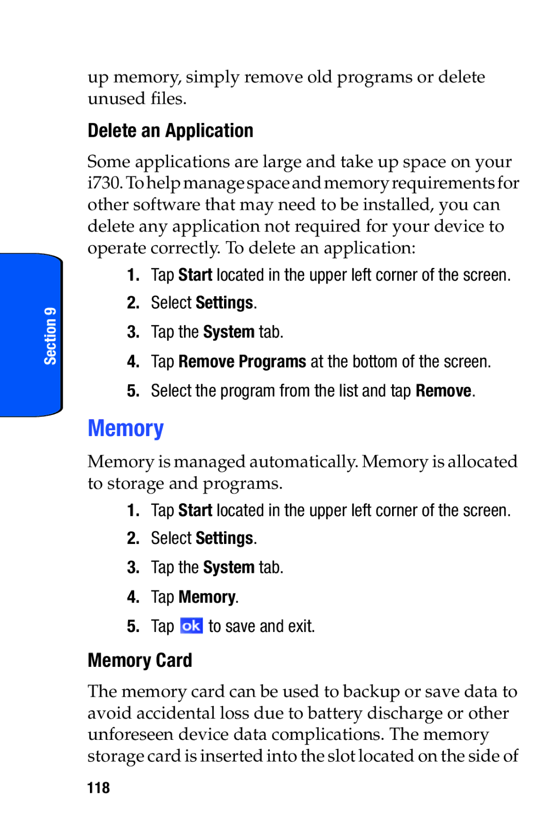 Samsung SCH-i730 manual Delete an Application, Memory Card, Tap Memory 