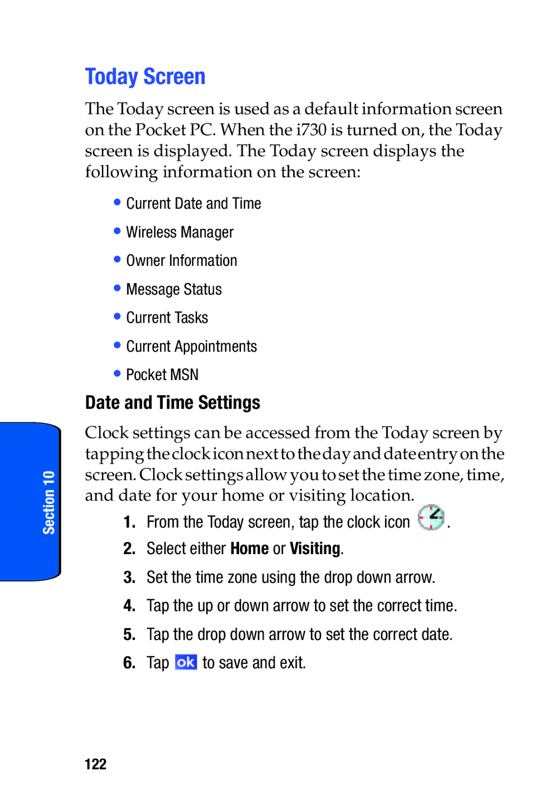 Samsung SCH-i730 manual Today Screen, Date and Time Settings, 122 