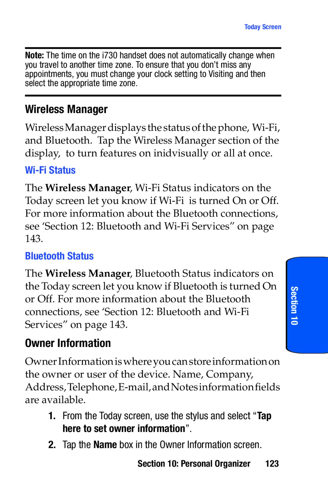 Samsung SCH-i730 manual Wireless Manager, Owner Information, Wi-Fi Status, Bluetooth Status, 123 