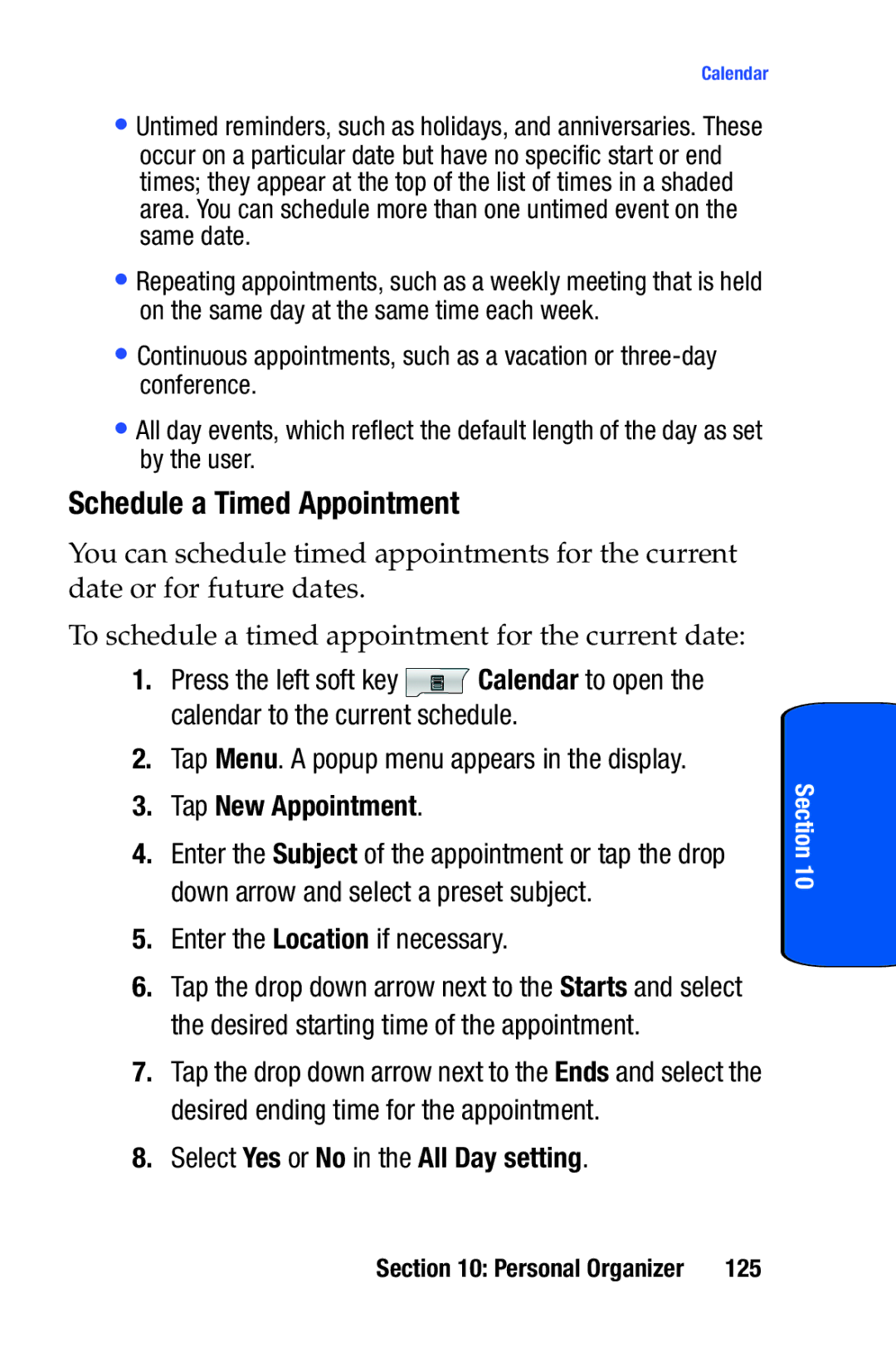 Samsung SCH-i730 manual Schedule a Timed Appointment, Tap New Appointment, Enter the Location if necessary, 125 