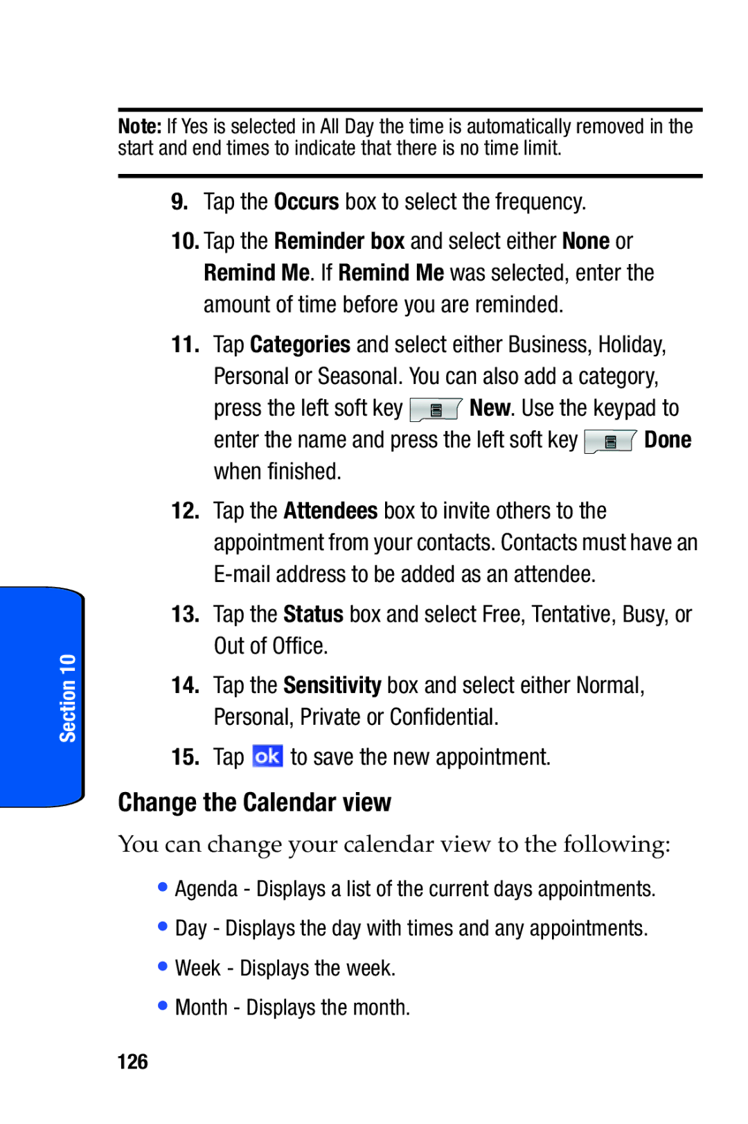 Samsung SCH-i730 Change the Calendar view, Tap the Occurs box to select the frequency, Tap to save the new appointment 