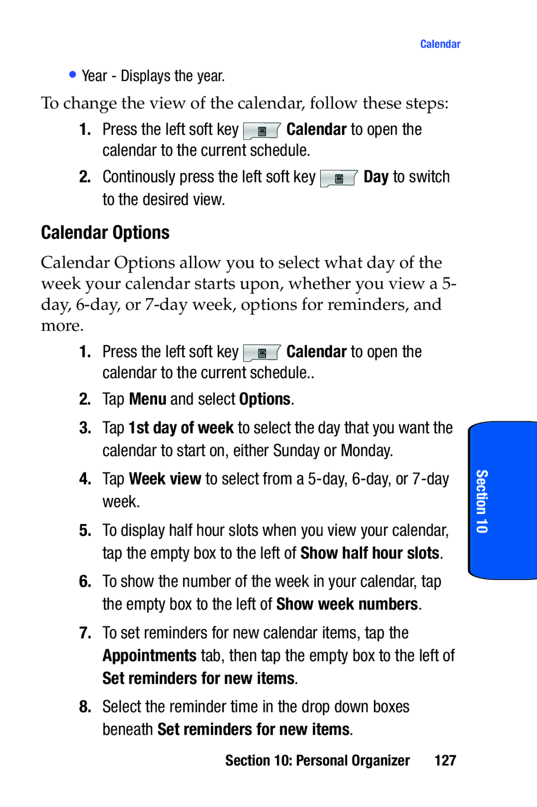 Samsung SCH-i730 manual Calendar Options, Tap Week view to select from a 5-day, 6-day, or 7-day week, 127 