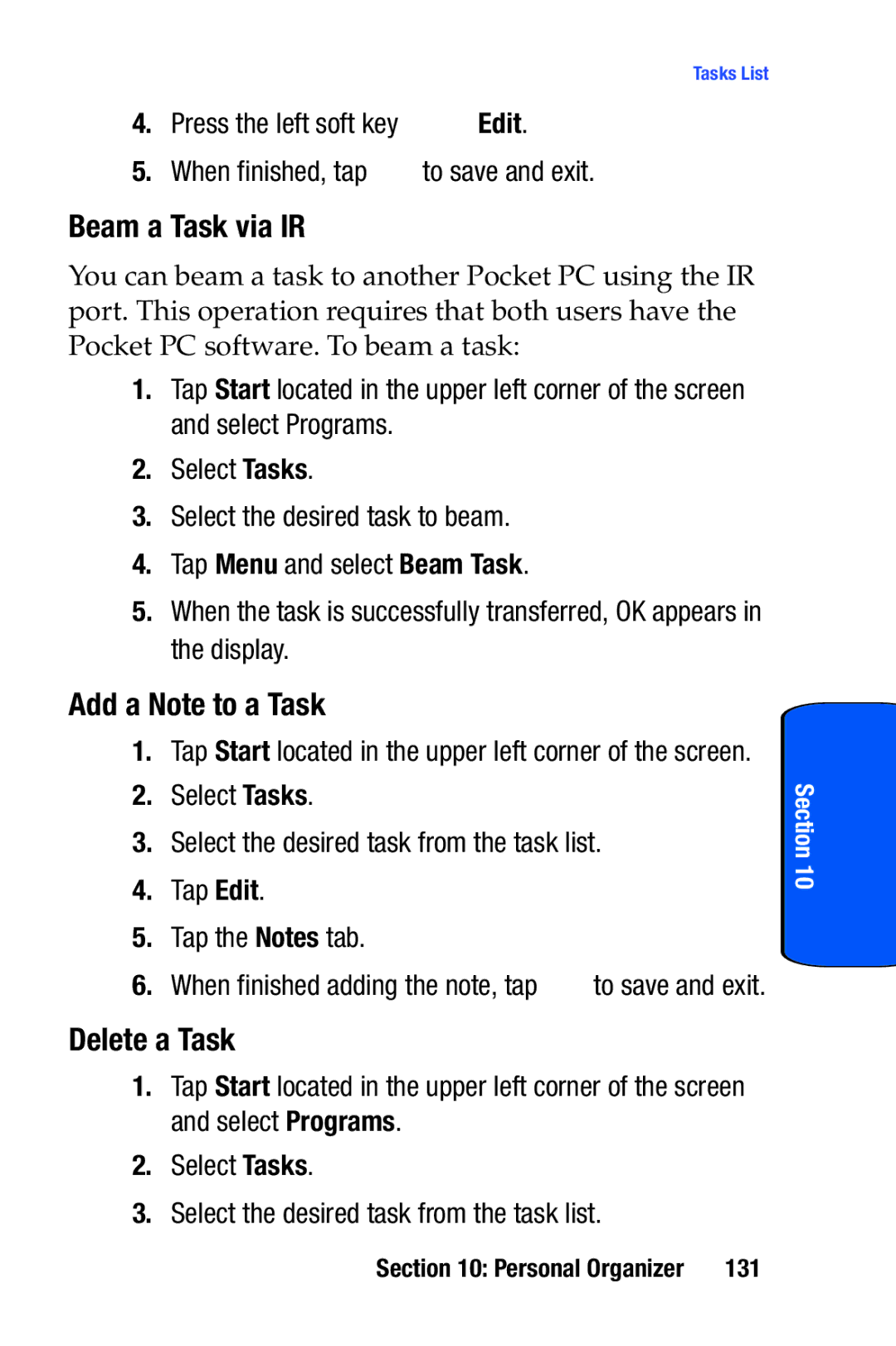 Samsung SCH-i730 manual Beam a Task via IR, Add a Note to a Task, Delete a Task, 131 