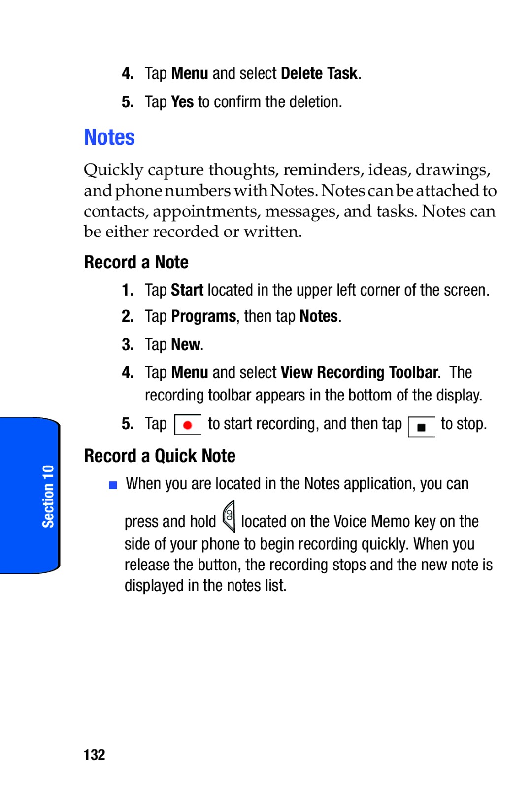 Samsung SCH-i730 manual Record a Note, Record a Quick Note, Tap Programs, then tap Notes Tap New, 132 