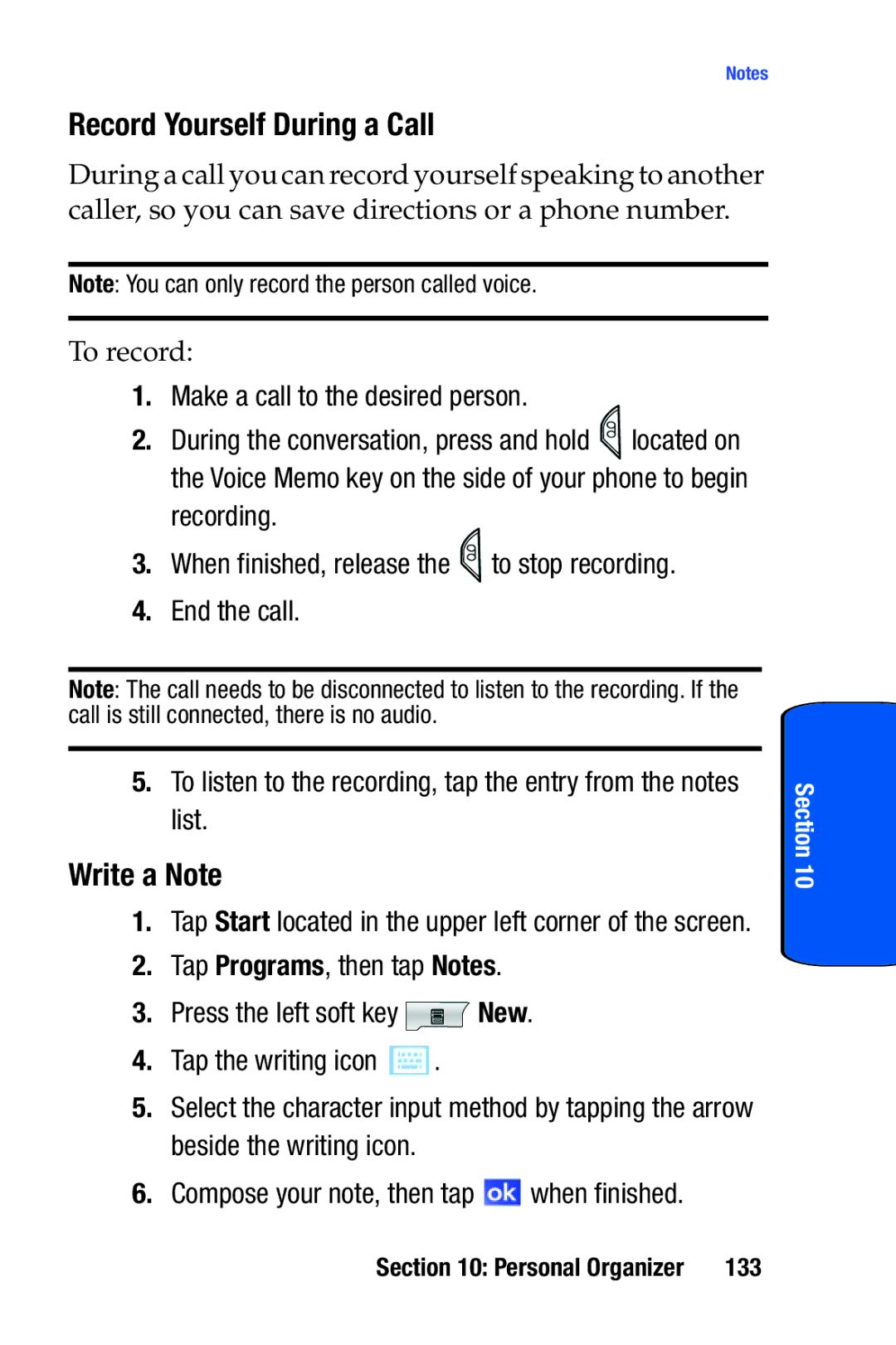 Samsung SCH-i730 manual Record Yourself During a Call, Write a Note, Make a call to the desired person, 133 