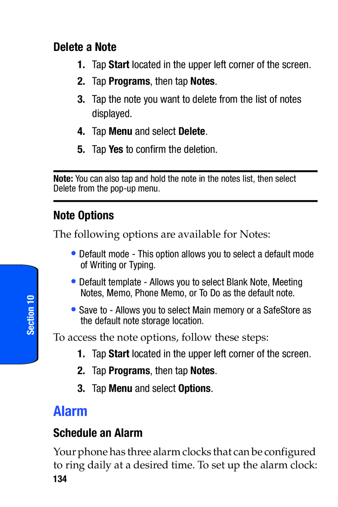 Samsung SCH-i730 manual Delete a Note, Schedule an Alarm, Tap Programs, then tap Notes Tap Menu and select Options, 134 