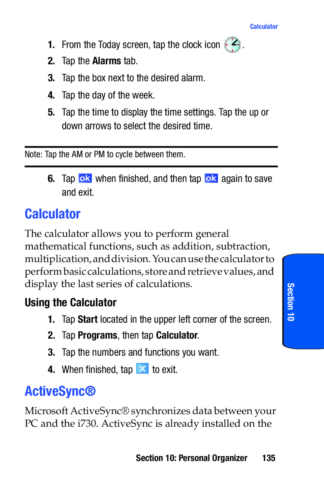 Samsung SCH-i730 manual ActiveSync, Using the Calculator, Tap when finished, and then tap again to save and exit 