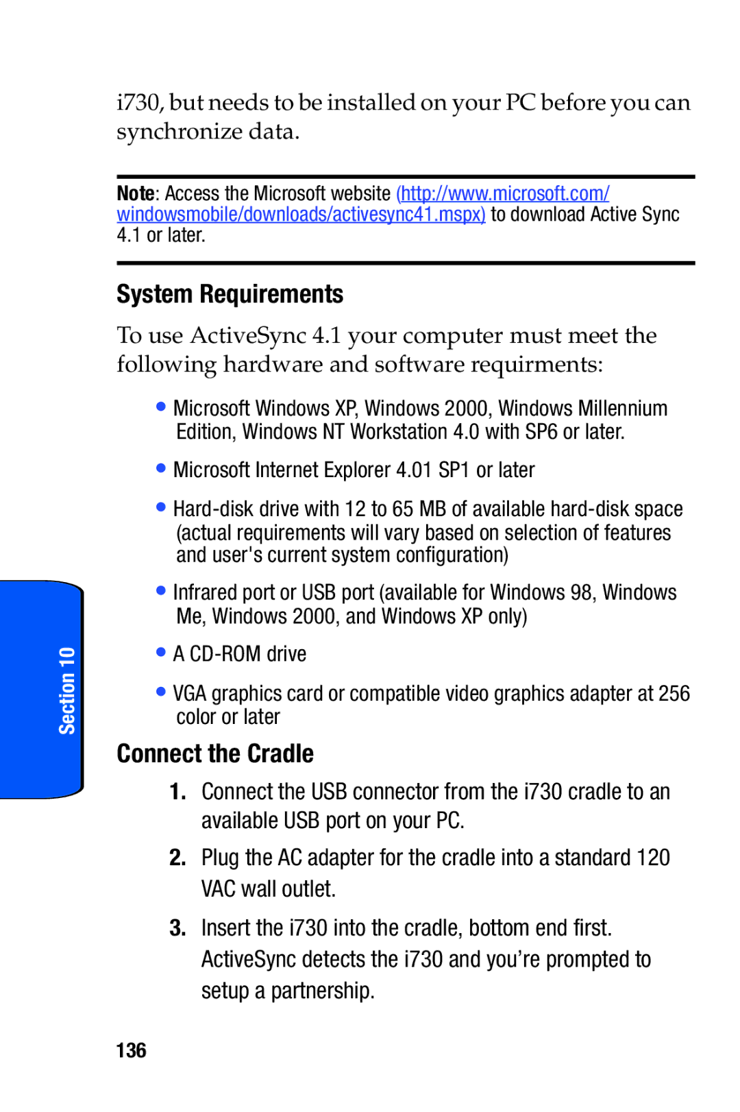 Samsung SCH-i730 manual System Requirements, Connect the Cradle, 136 