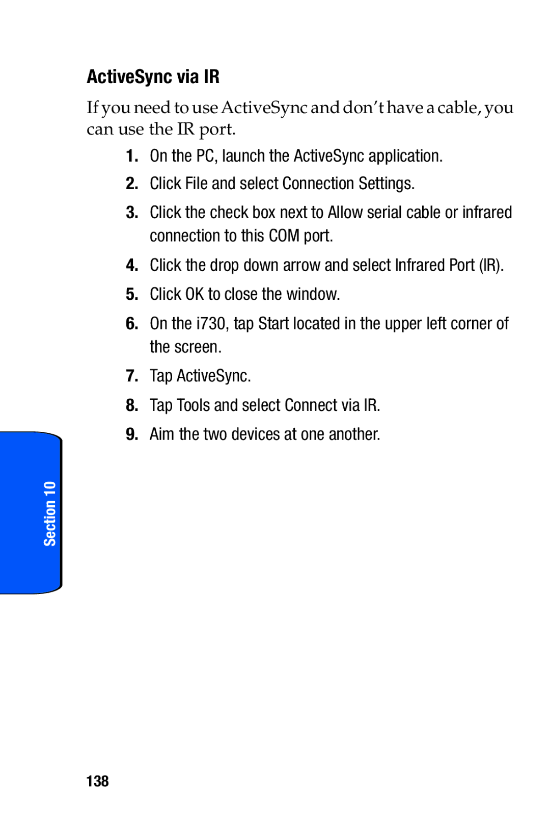 Samsung SCH-i730 manual ActiveSync via IR, 138 