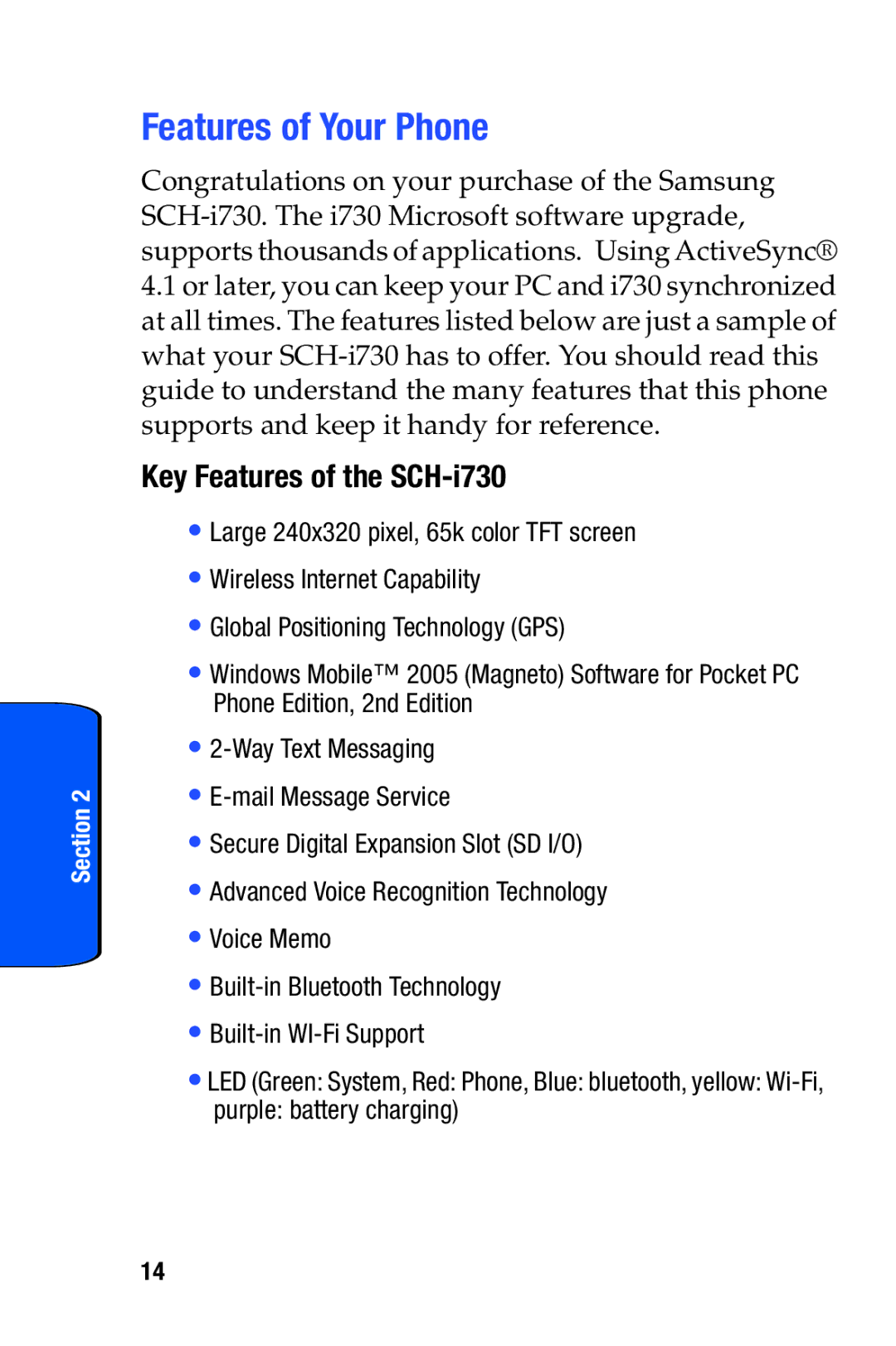 Samsung manual Features of Your Phone, Key Features of the SCH-i730 