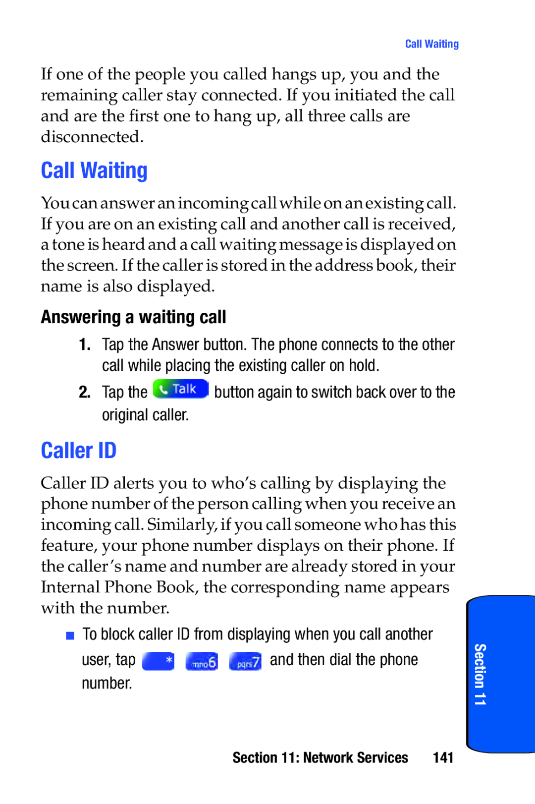 Samsung SCH-i730 manual Call Waiting, Caller ID, Answering a waiting call, User, tap and then dial the phone number, 141 
