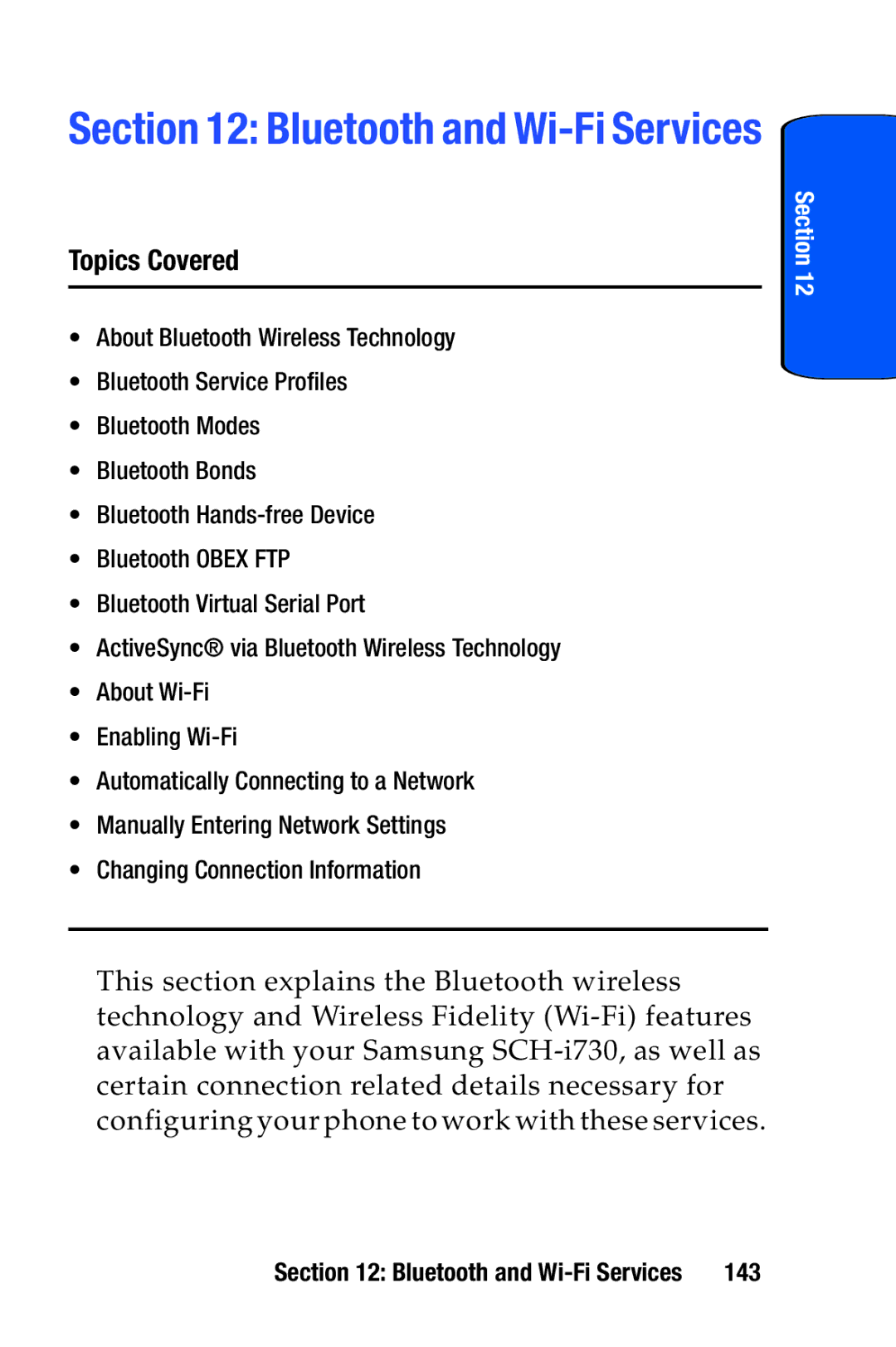 Samsung SCH-i730 manual Bluetooth and Wi-Fi Services, 143 