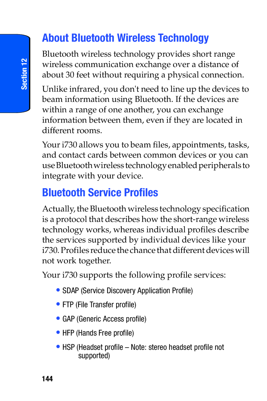 Samsung SCH-i730 manual About Bluetooth Wireless Technology, Bluetooth Service Profiles, 144 