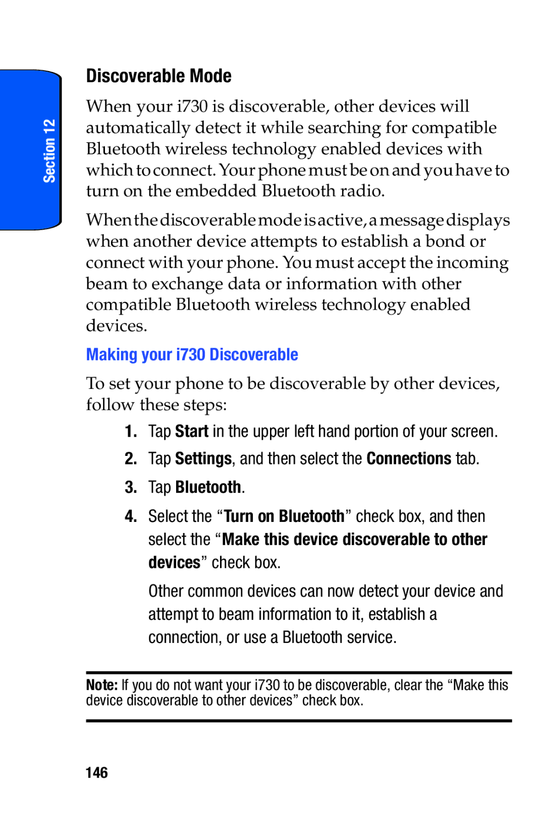 Samsung SCH-i730 manual Discoverable Mode, Making your i730 Discoverable, 146 