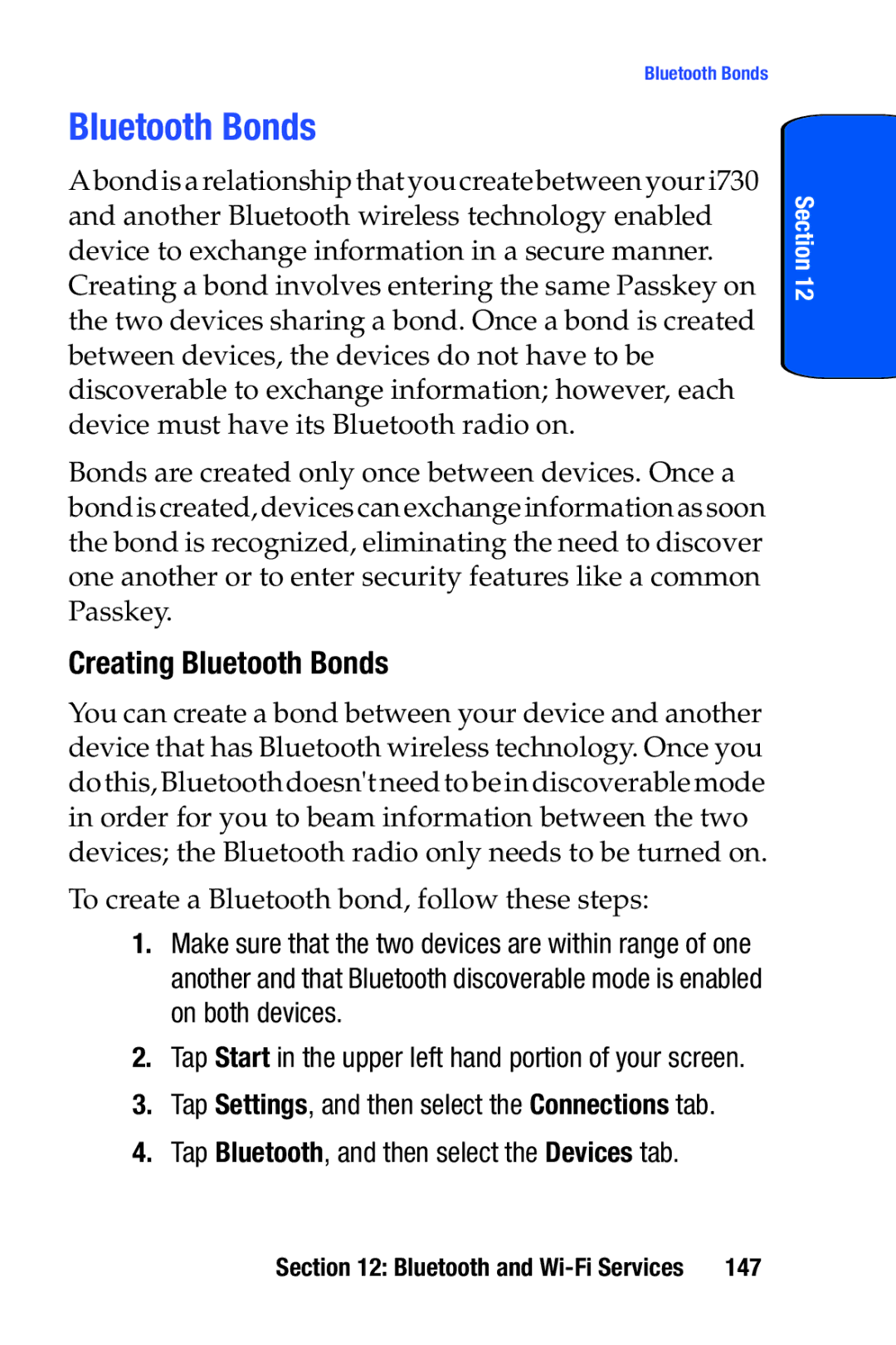 Samsung SCH-i730 manual Creating Bluetooth Bonds, Tap Bluetooth, and then select the Devices tab, 147 