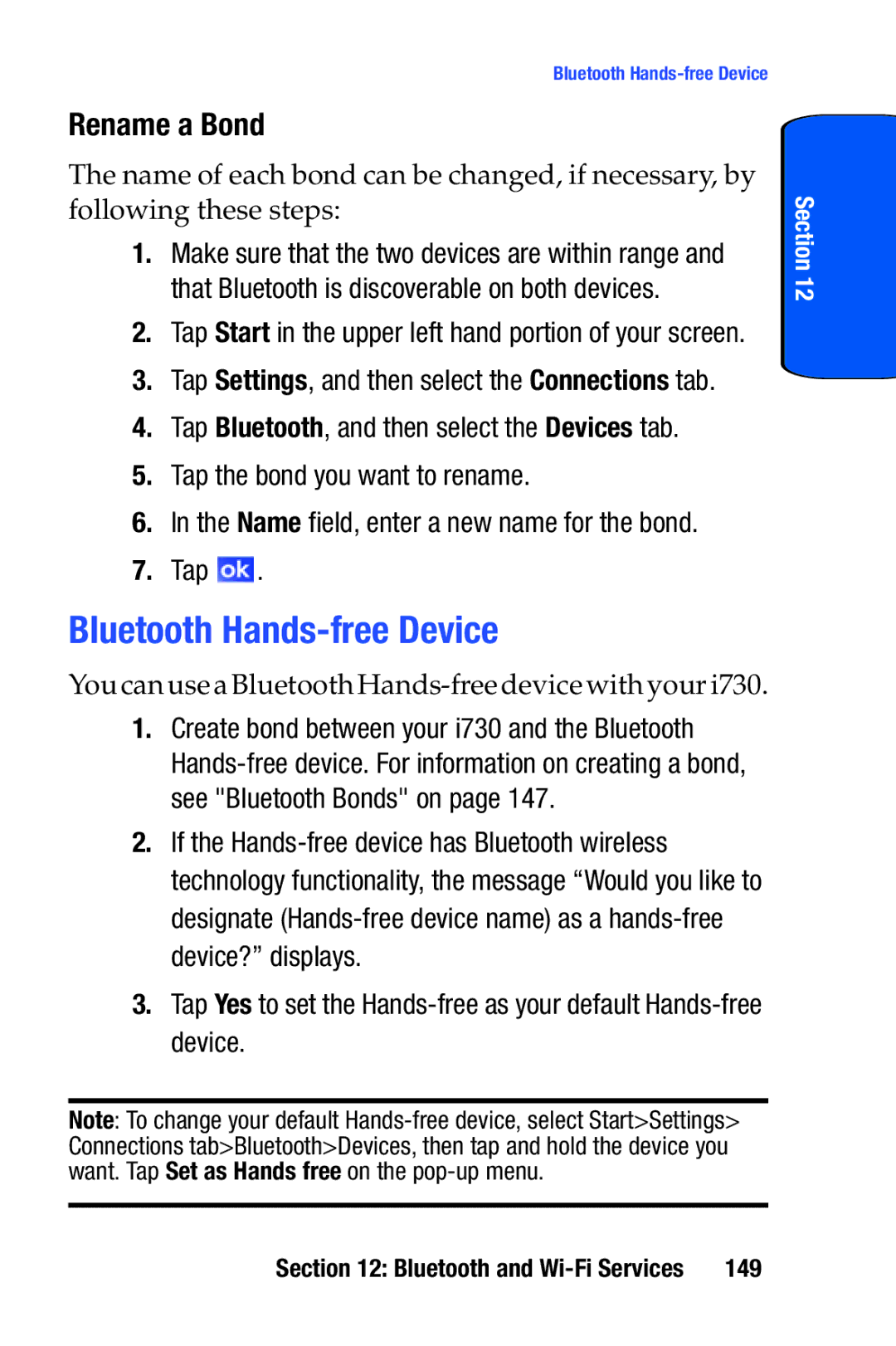 Samsung SCH-i730 manual Bluetooth Hands-free Device, Rename a Bond, Tap, 149 