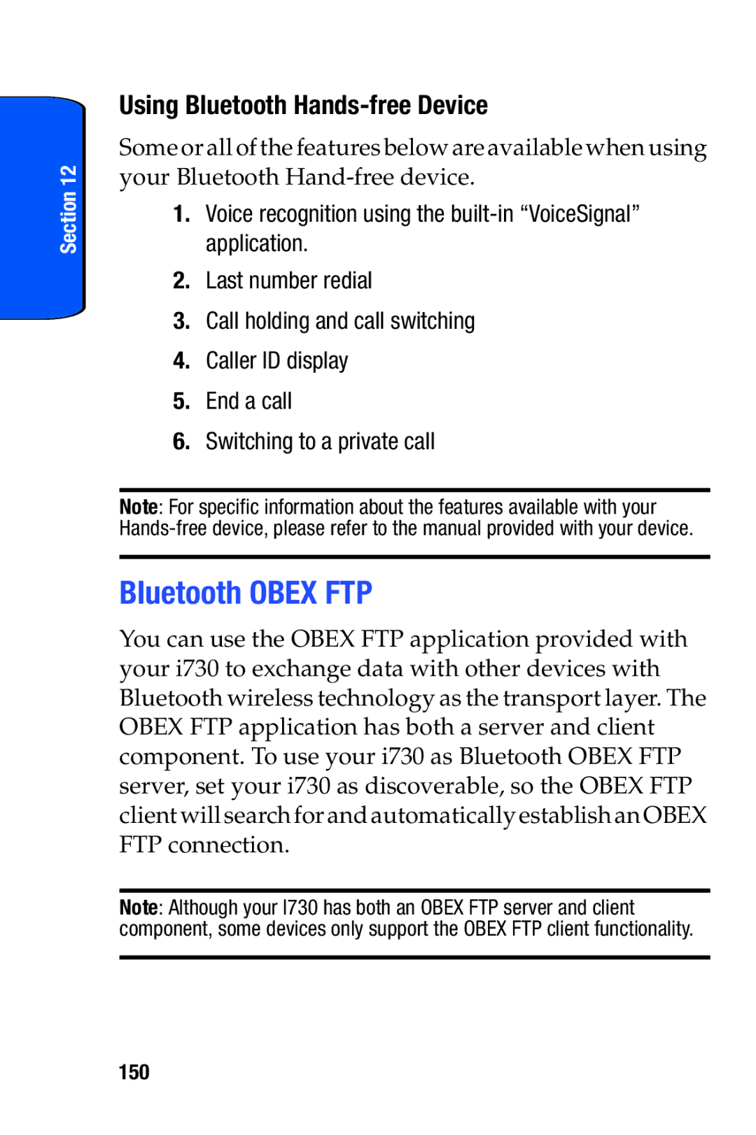 Samsung SCH-i730 manual Bluetooth Obex FTP, Using Bluetooth Hands-free Device, 150 