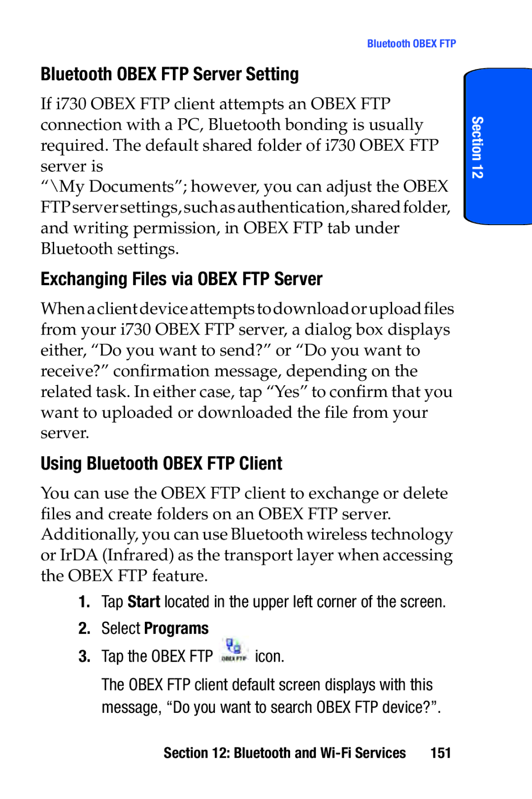 Samsung SCH-i730 Bluetooth Obex FTP Server Setting, Exchanging Files via Obex FTP Server, Using Bluetooth Obex FTP Client 