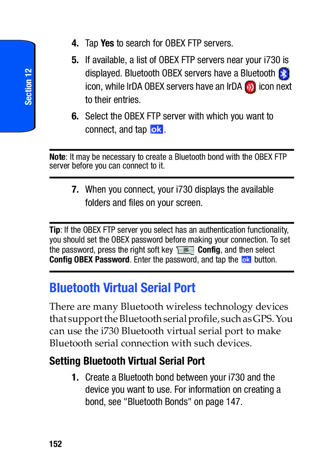 Samsung SCH-i730 manual Setting Bluetooth Virtual Serial Port, Tap Yes to search for Obex FTP servers, 152 