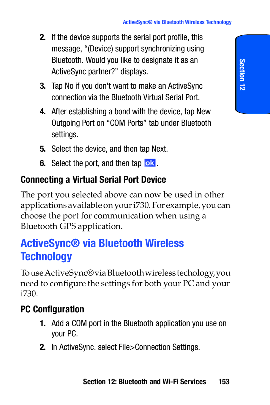 Samsung SCH-i730 ActiveSync via Bluetooth Wireless Technology, Connecting a Virtual Serial Port Device, PC Configuration 