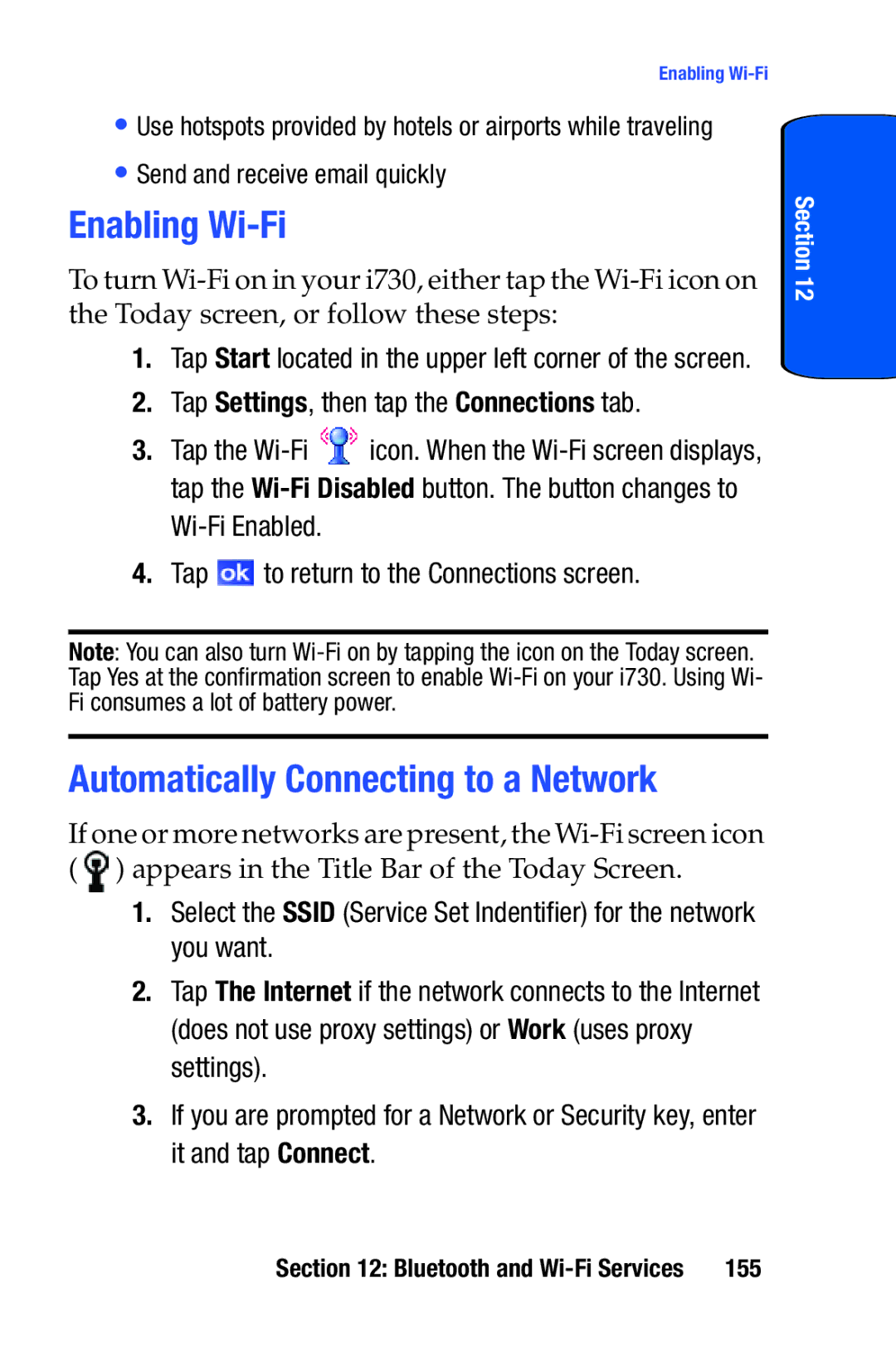 Samsung SCH-i730 Enabling Wi-Fi, Automatically Connecting to a Network, Tap Settings, then tap the Connections tab, 155 