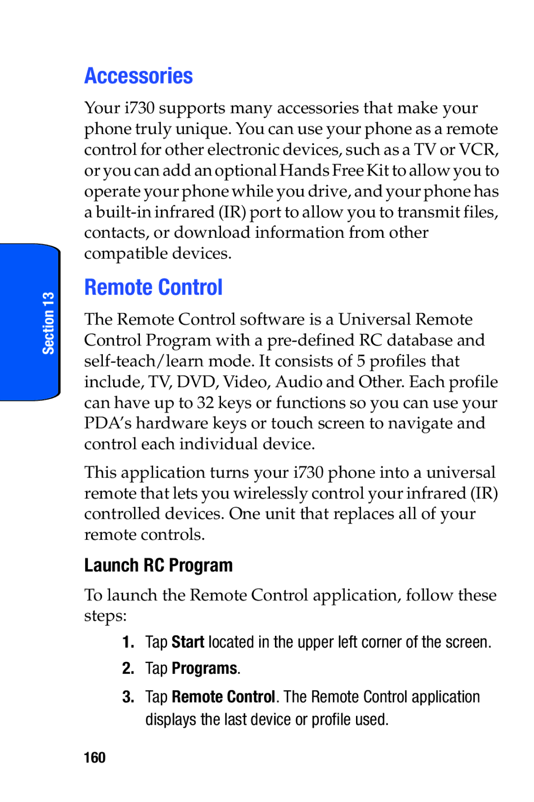 Samsung SCH-i730 manual Accessories, Remote Control, Launch RC Program, 160 