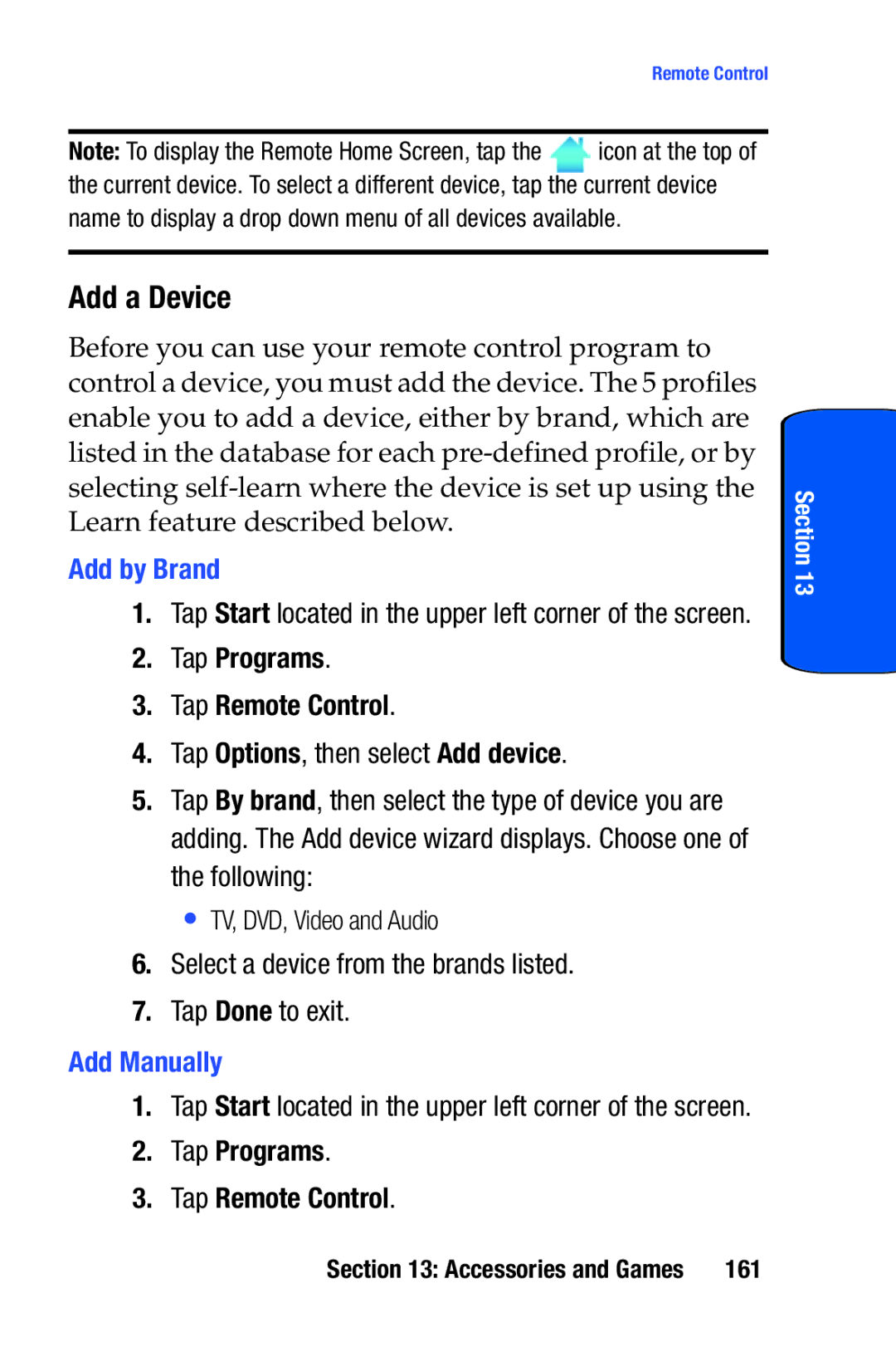 Samsung SCH-i730 manual Add a Device, Add by Brand, Tap Programs Tap Remote Control, Add Manually 