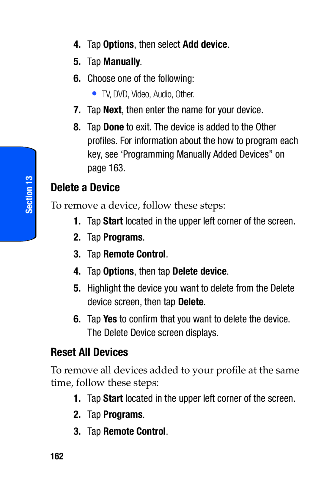 Samsung SCH-i730 manual Delete a Device, Reset All Devices, Tap Options, then select Add device, Tap Manually 