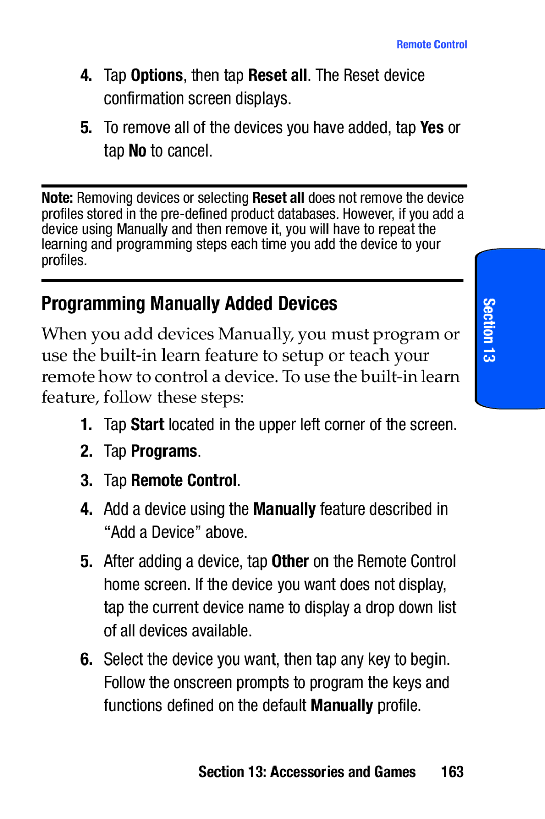 Samsung SCH-i730 manual Programming Manually Added Devices, 163 