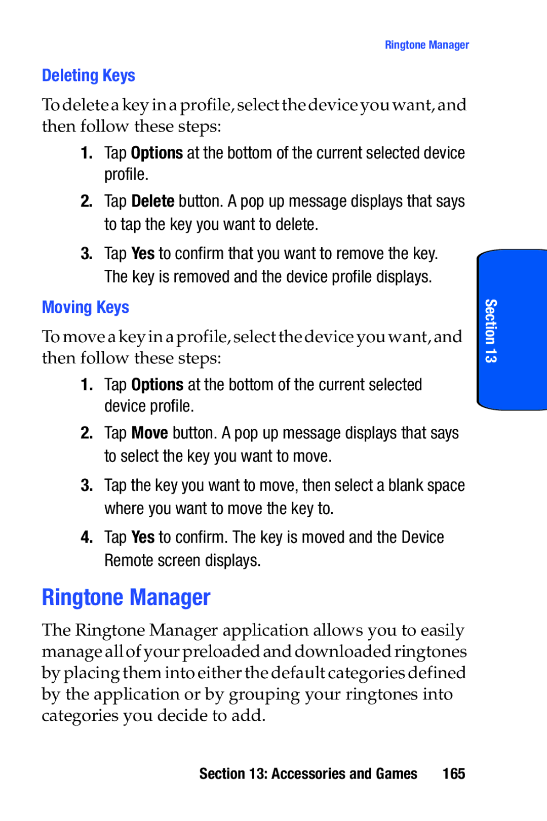 Samsung SCH-i730 manual Ringtone Manager, Deleting Keys, Moving Keys, 165 