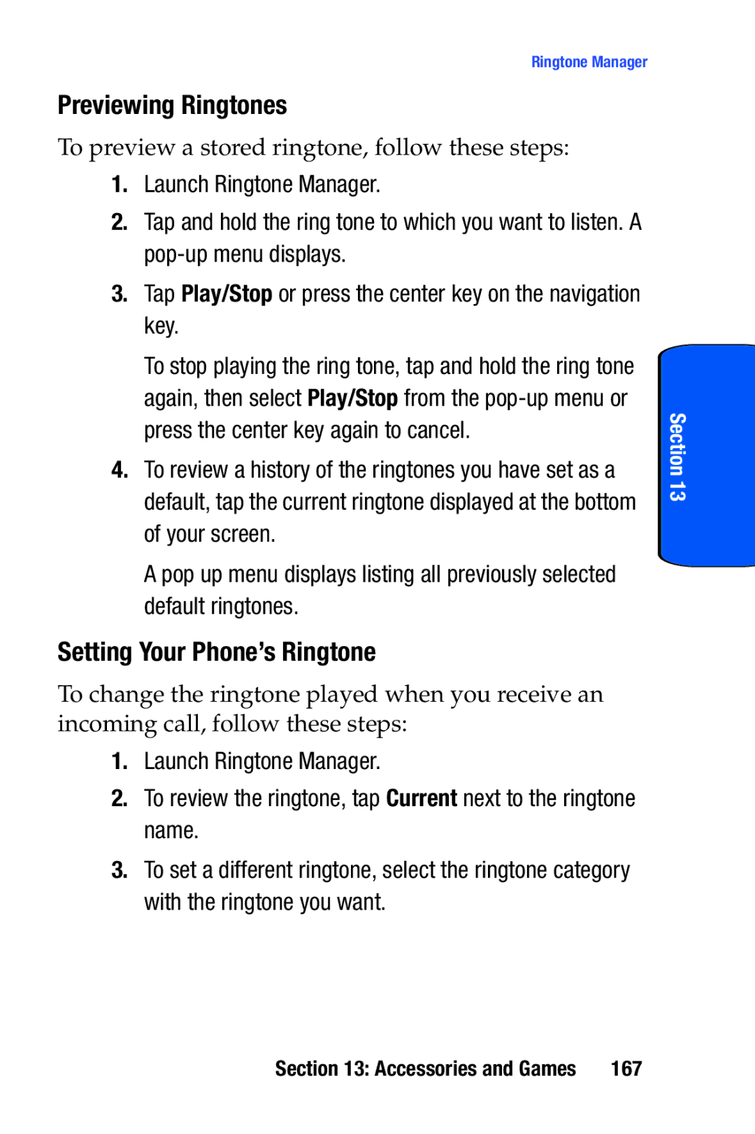 Samsung SCH-i730 manual Previewing Ringtones, Setting Your Phone’s Ringtone, 167 