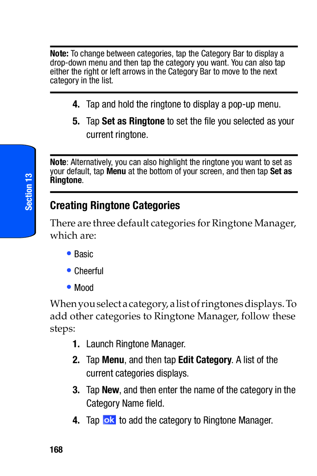 Samsung SCH-i730 manual Creating Ringtone Categories, 168 