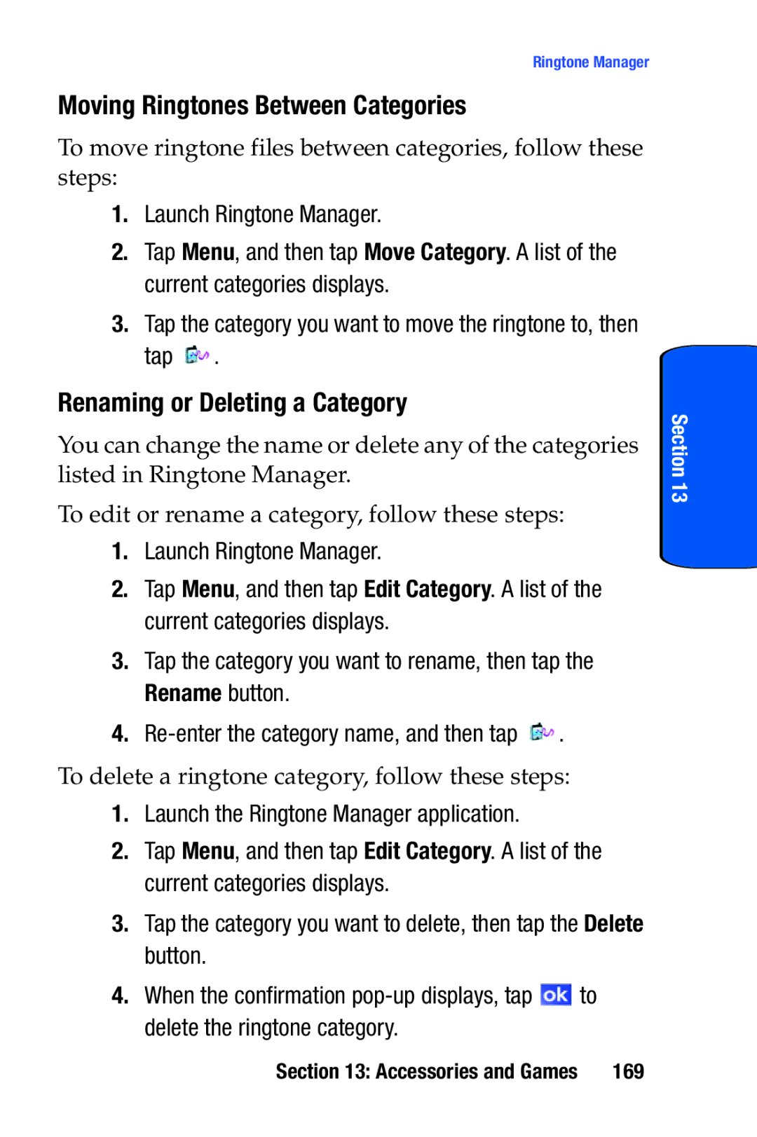 Samsung SCH-i730 manual Moving Ringtones Between Categories, Renaming or Deleting a Category, 169 