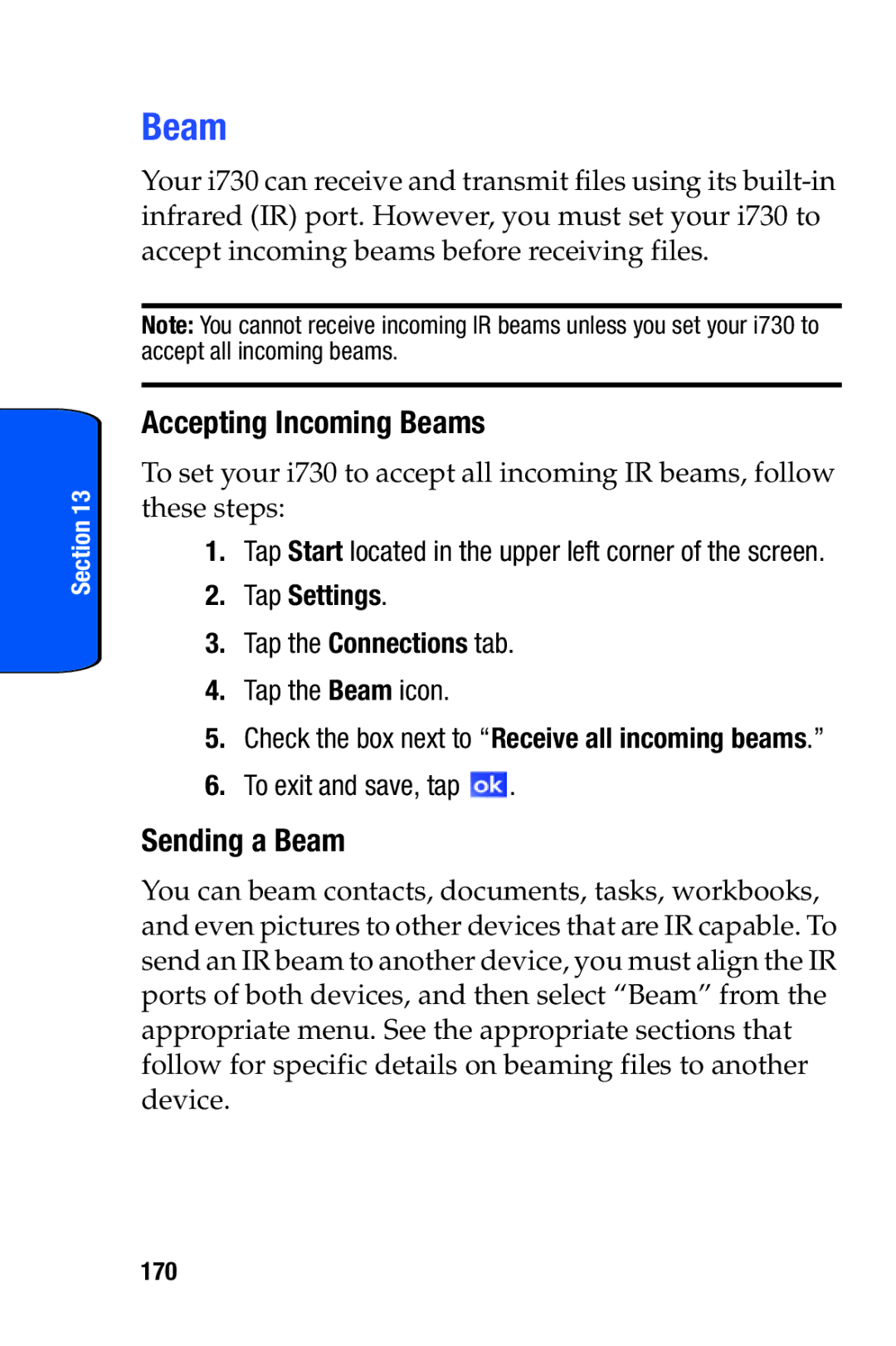 Samsung SCH-i730 manual Accepting Incoming Beams, Sending a Beam, Tap the Connections tab Tap the Beam icon 