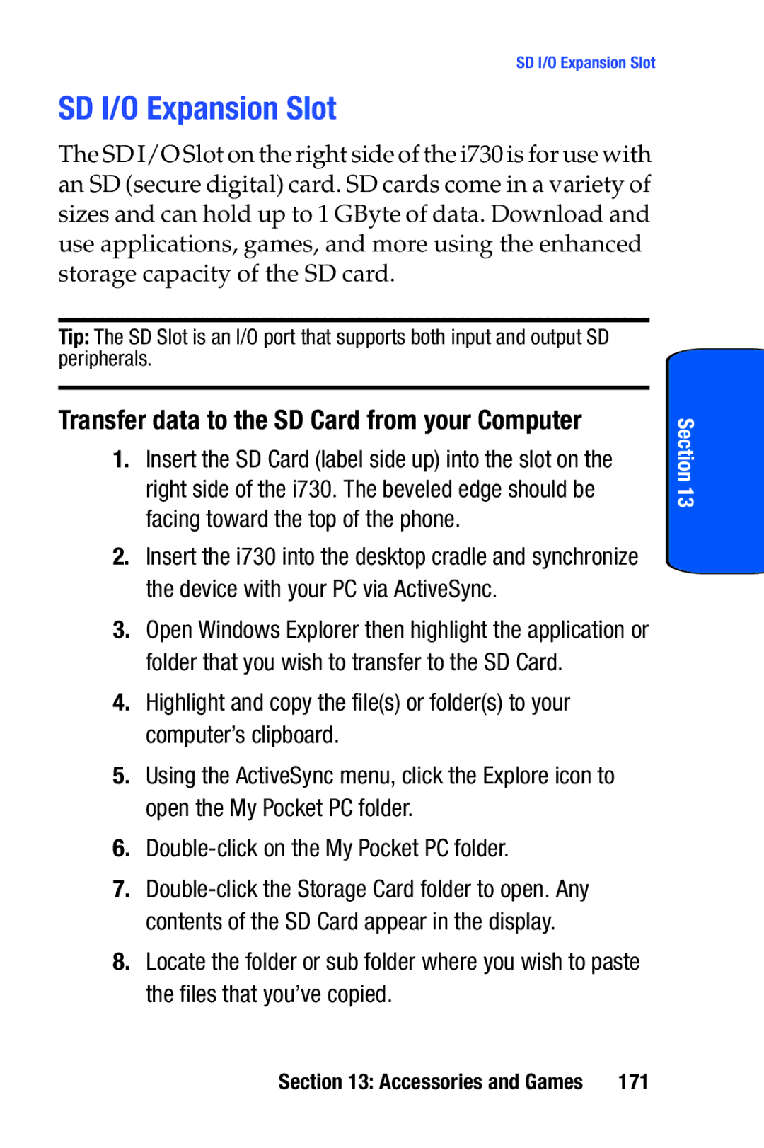 Samsung SCH-i730 manual SD I/O Expansion Slot, Transfer data to the SD Card from your Computer, 171 