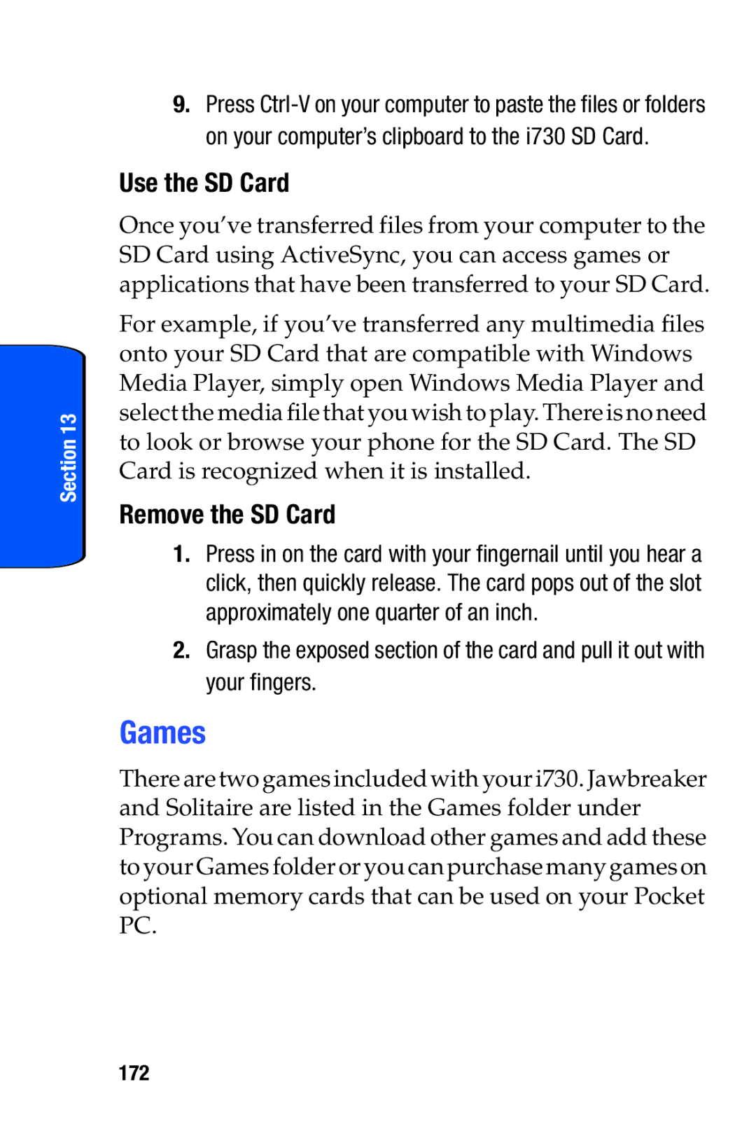 Samsung SCH-i730 manual Games, Use the SD Card, Remove the SD Card, 172 