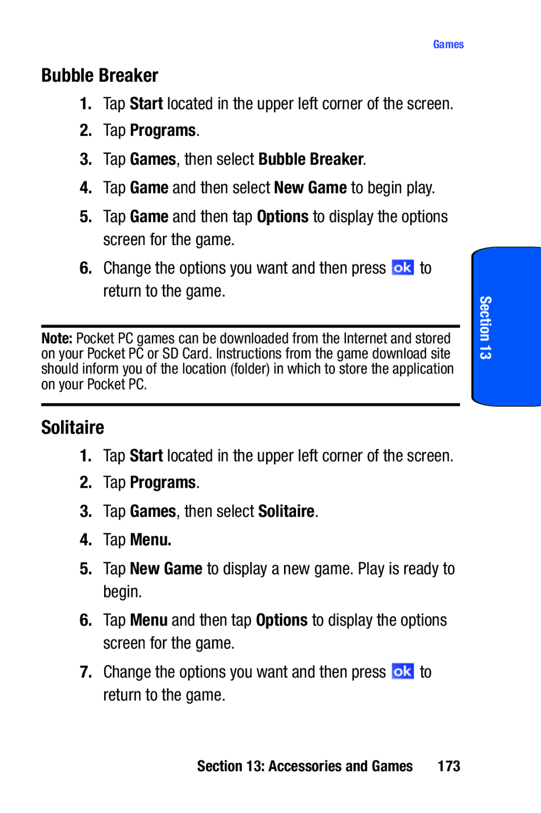 Samsung SCH-i730 manual Tap Games, then select Bubble Breaker, Tap Games, then select Solitaire, 173 