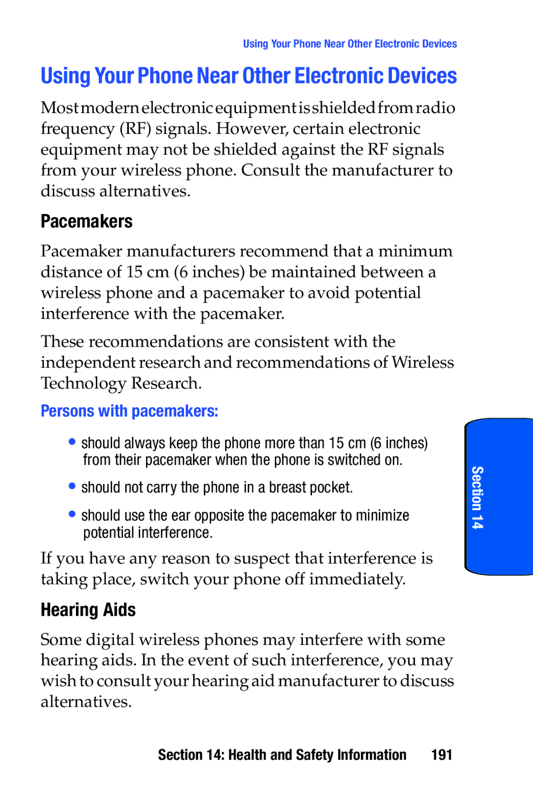 Samsung SCH-i730 Pacemakers, Hearing Aids, Using Your Phone Near Other Electronic Devices, Persons with pacemakers, 191 