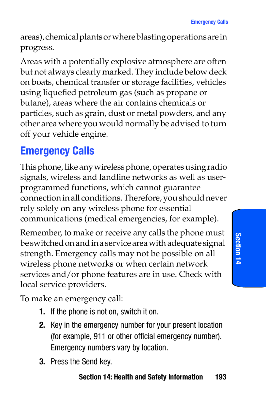 Samsung SCH-i730 manual Emergency Calls, If the phone is not on, switch it on, Press the Send key, 193 