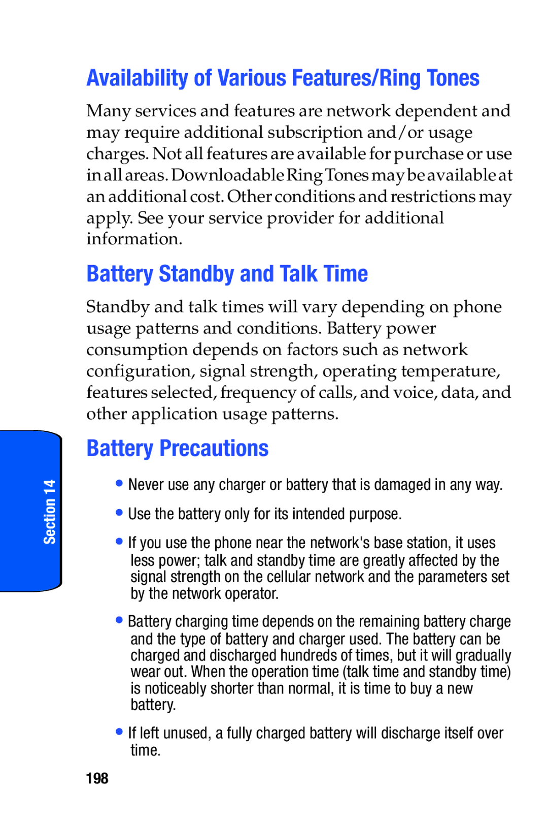 Samsung SCH-i730 manual Battery Standby and Talk Time, Battery Precautions, 198 