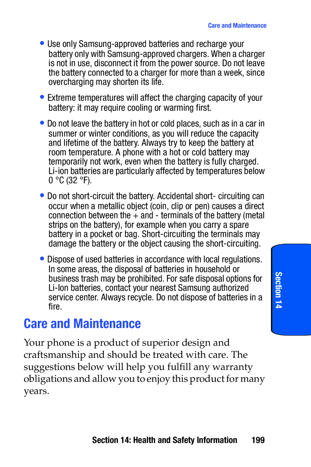 Samsung SCH-i730 manual Care and Maintenance, 199 