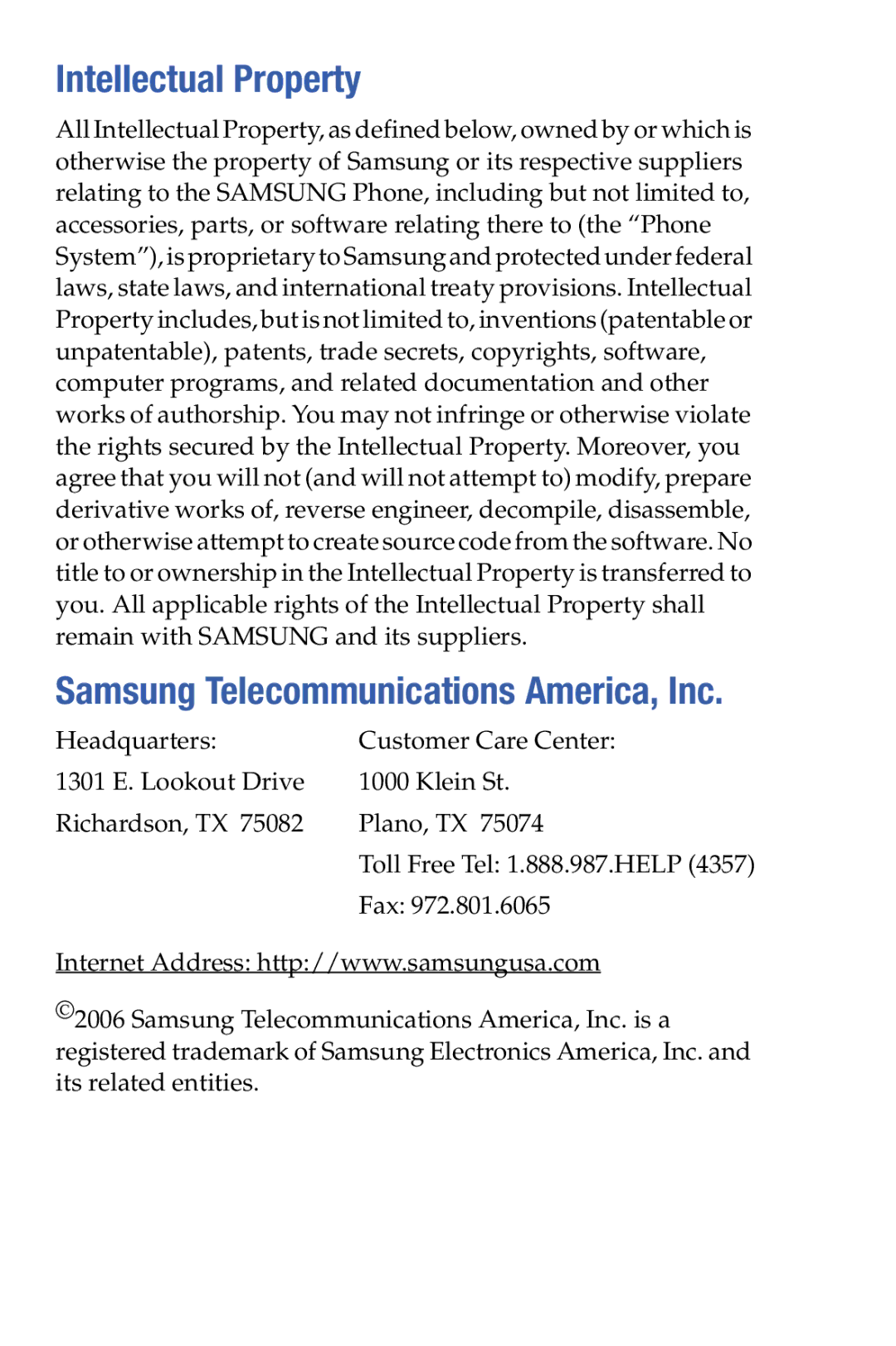 Samsung SCH-i730 manual Intellectual Property, Samsung Telecommunications America, Inc 