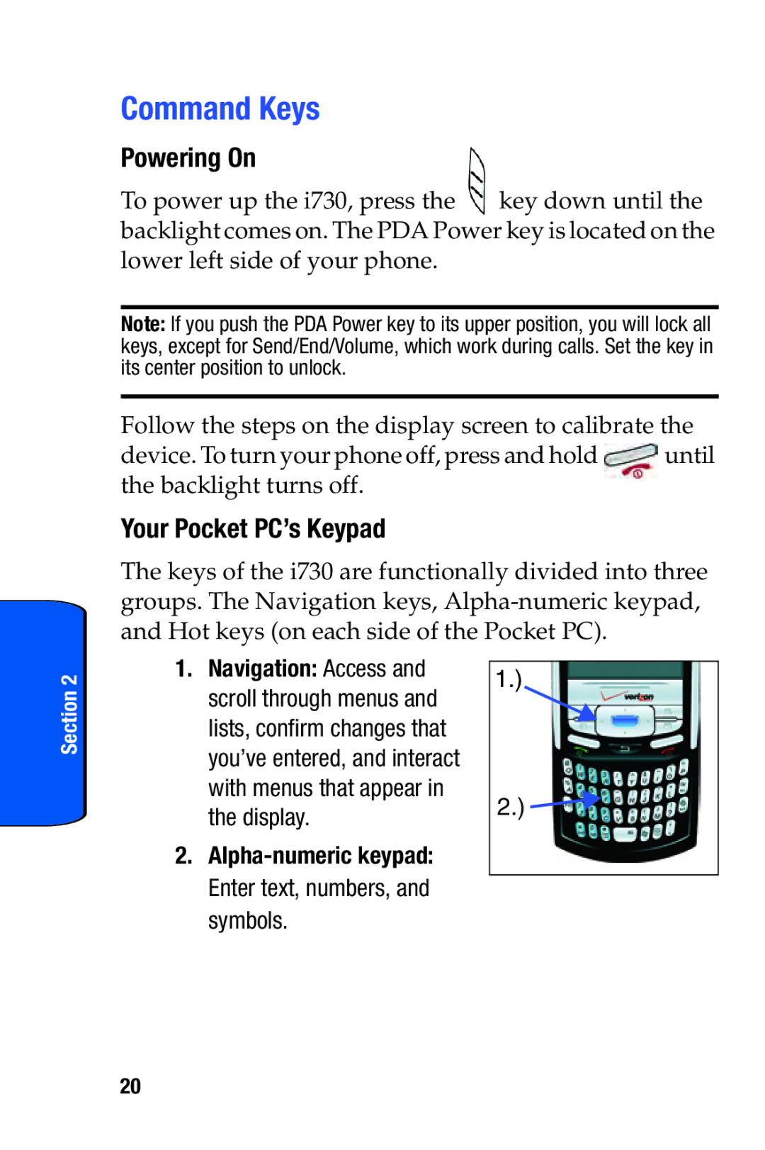 Samsung SCH-i730 manual Command Keys, Powering On, Your Pocket PC’s Keypad, Navigation Access, Display 